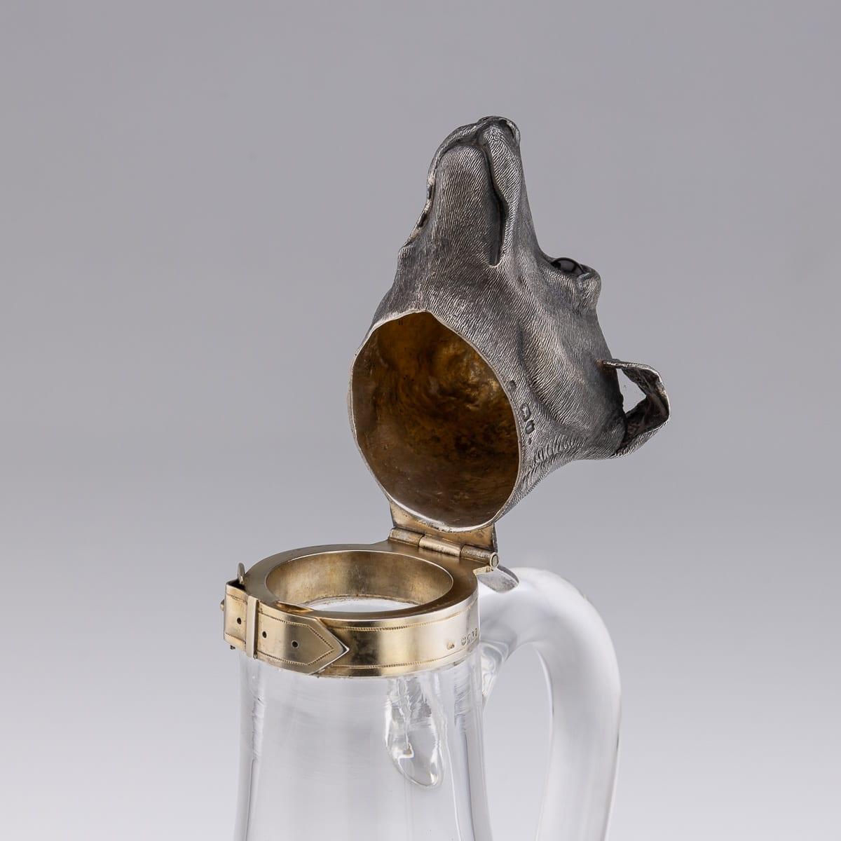 Antique 19thC Victorian Solid Silver & Clear Glass Novelty Dog Claret Jug c.1884 For Sale 5