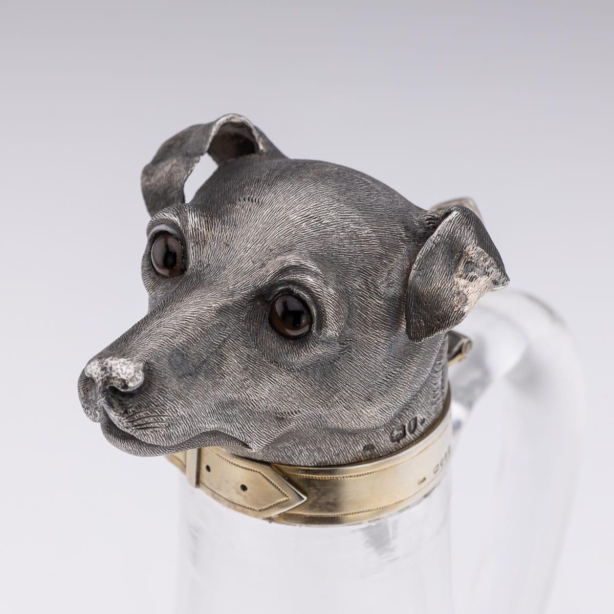 Antique 19thC Victorian Solid Silver & Clear Glass Novelty Dog Claret Jug c.1884 For Sale 6