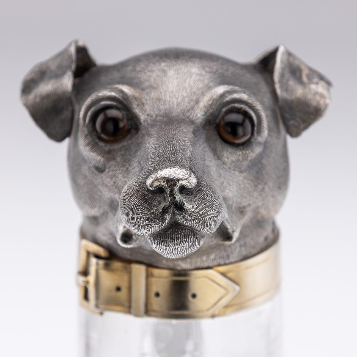 Antique 19thC Victorian Solid Silver & Clear Glass Novelty Dog Claret Jug c.1884 For Sale 7