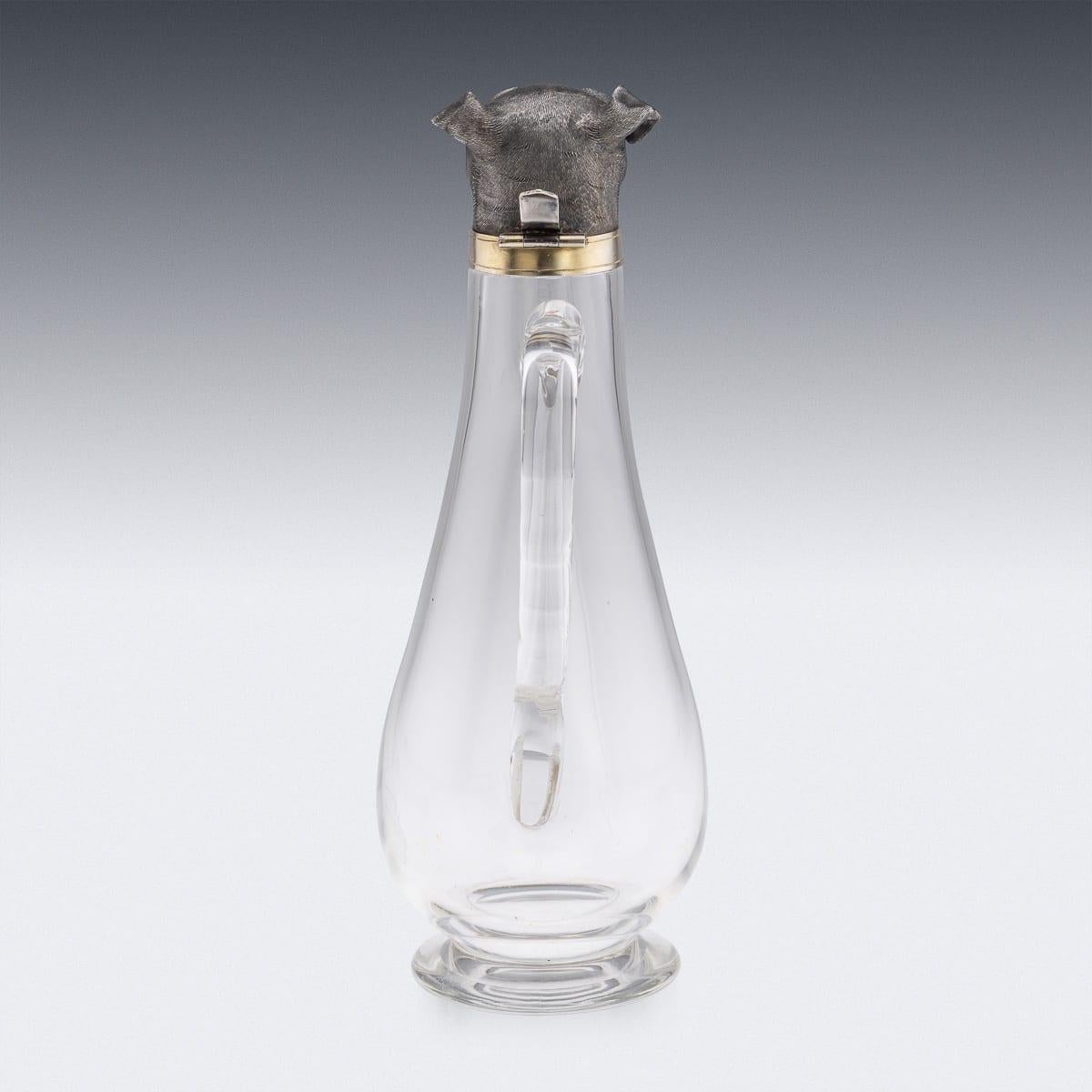 British Antique 19thC Victorian Solid Silver & Clear Glass Novelty Dog Claret Jug c.1884 For Sale