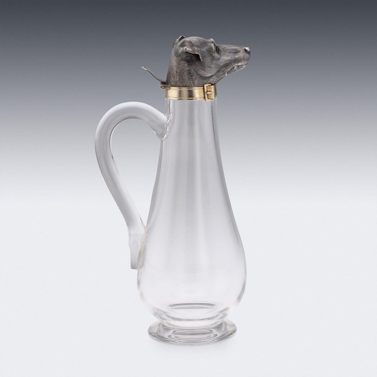 Antique 19thC Victorian Solid Silver & Clear Glass Novelty Dog Claret Jug c.1884 In Good Condition For Sale In Royal Tunbridge Wells, Kent