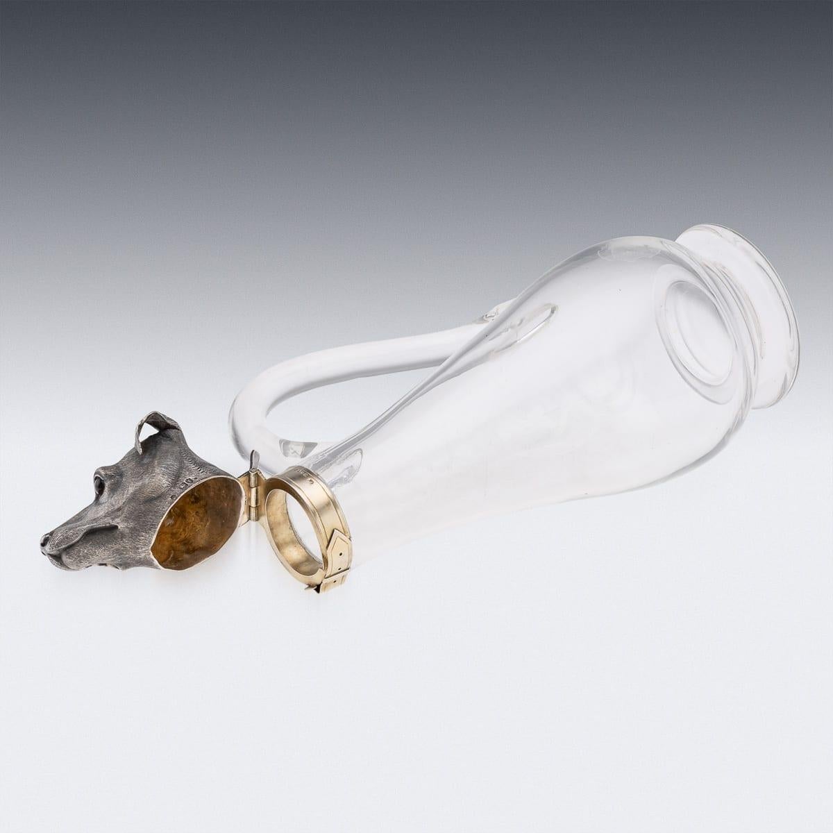 Antique 19thC Victorian Solid Silver & Clear Glass Novelty Dog Claret Jug c.1884 For Sale 1