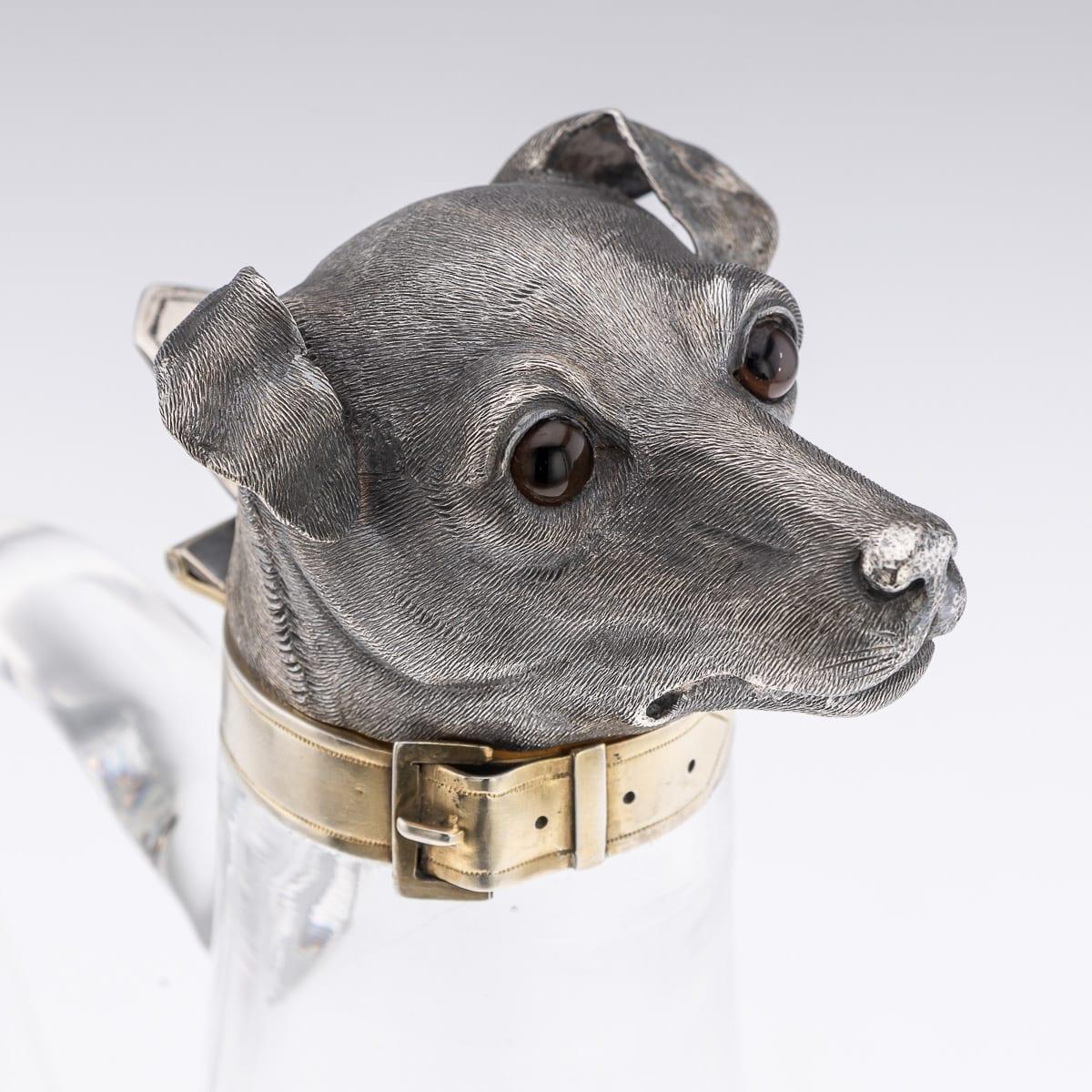 Antique 19thC Victorian Solid Silver & Clear Glass Novelty Dog Claret Jug c.1884 For Sale 3