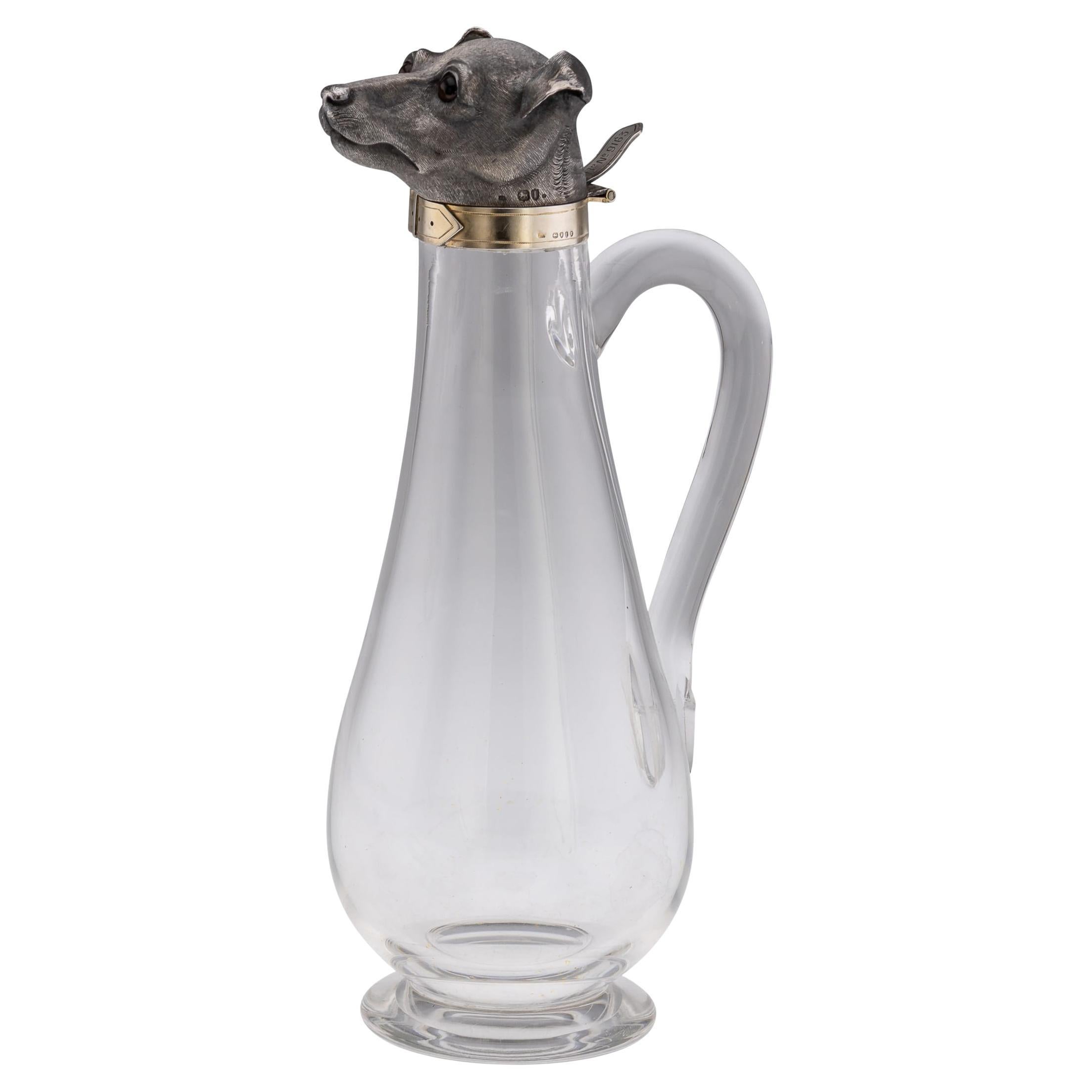 Antique 19ème Victorian Solid Silver & Clear Glass Novelty Dog Claret Jug c.1884