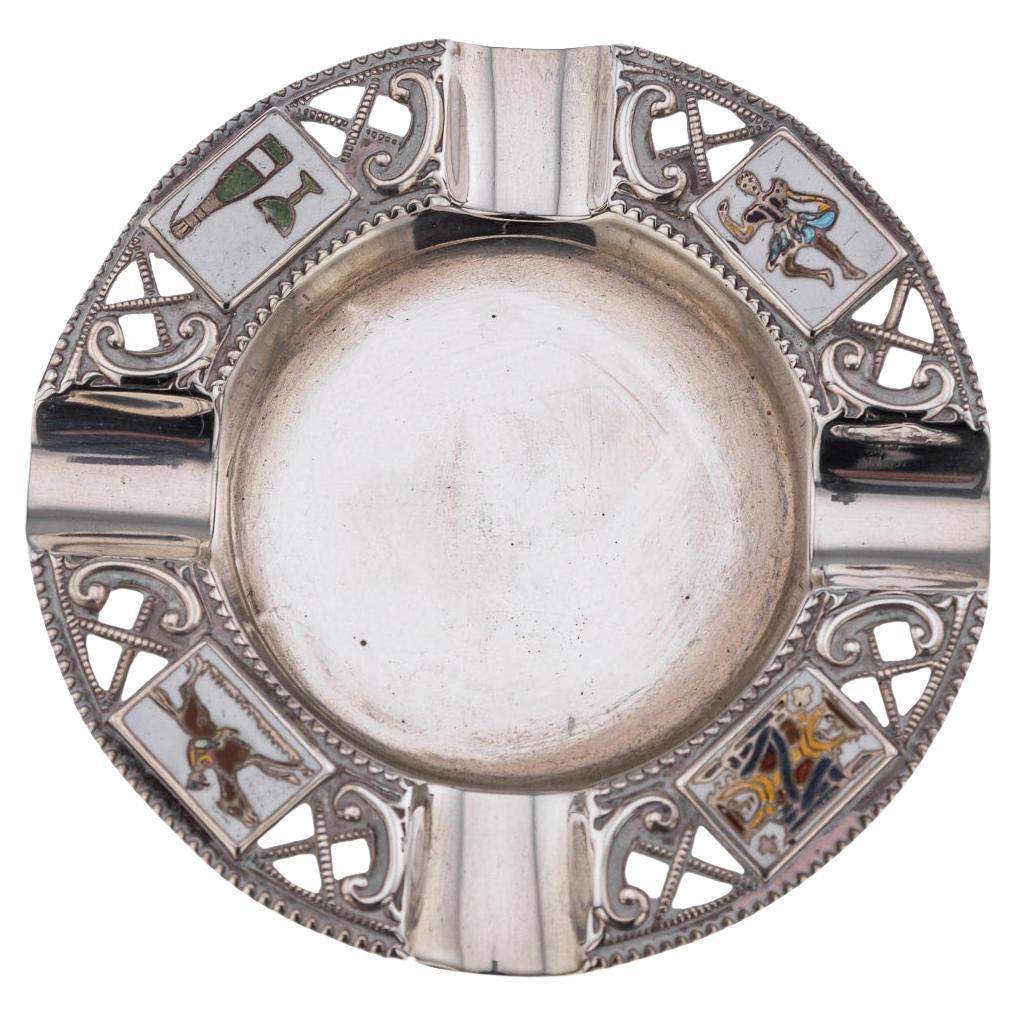 Antique 19thC Victorian Solid Silver & Enamel 'The Four Vices' Ashtray c.1898 For Sale