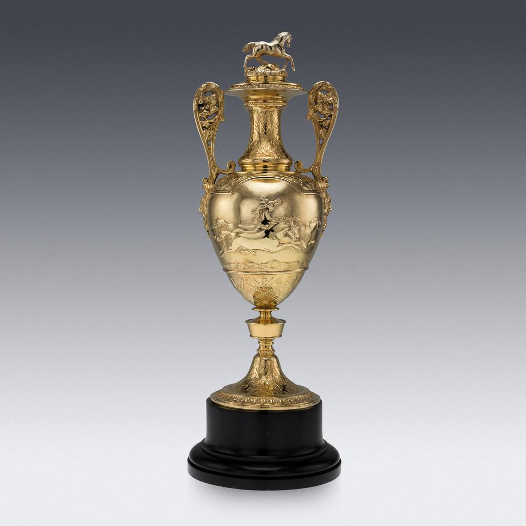 English Antique Victorian Solid Silver Gilt Trophy Cup & Cover, London, circa 1865