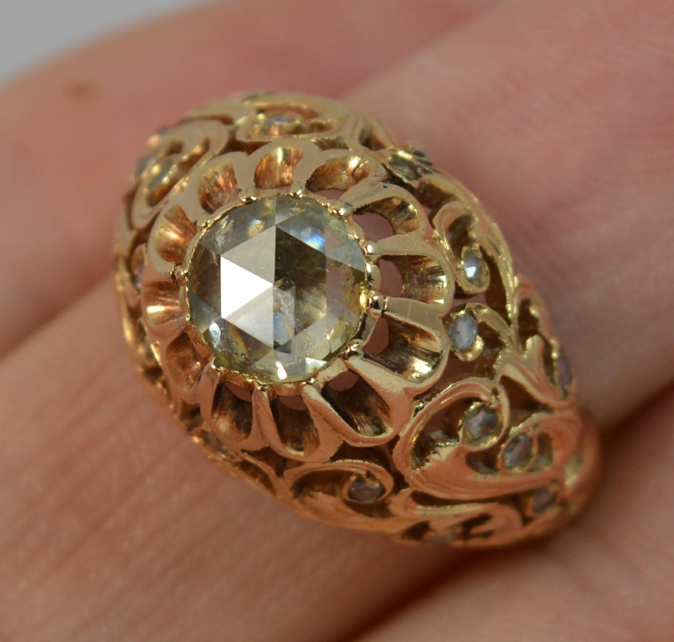 Antique 1 Carat Rose Cut Diamond and 18 Carat Rose Gold Pierced Floral Ring 5