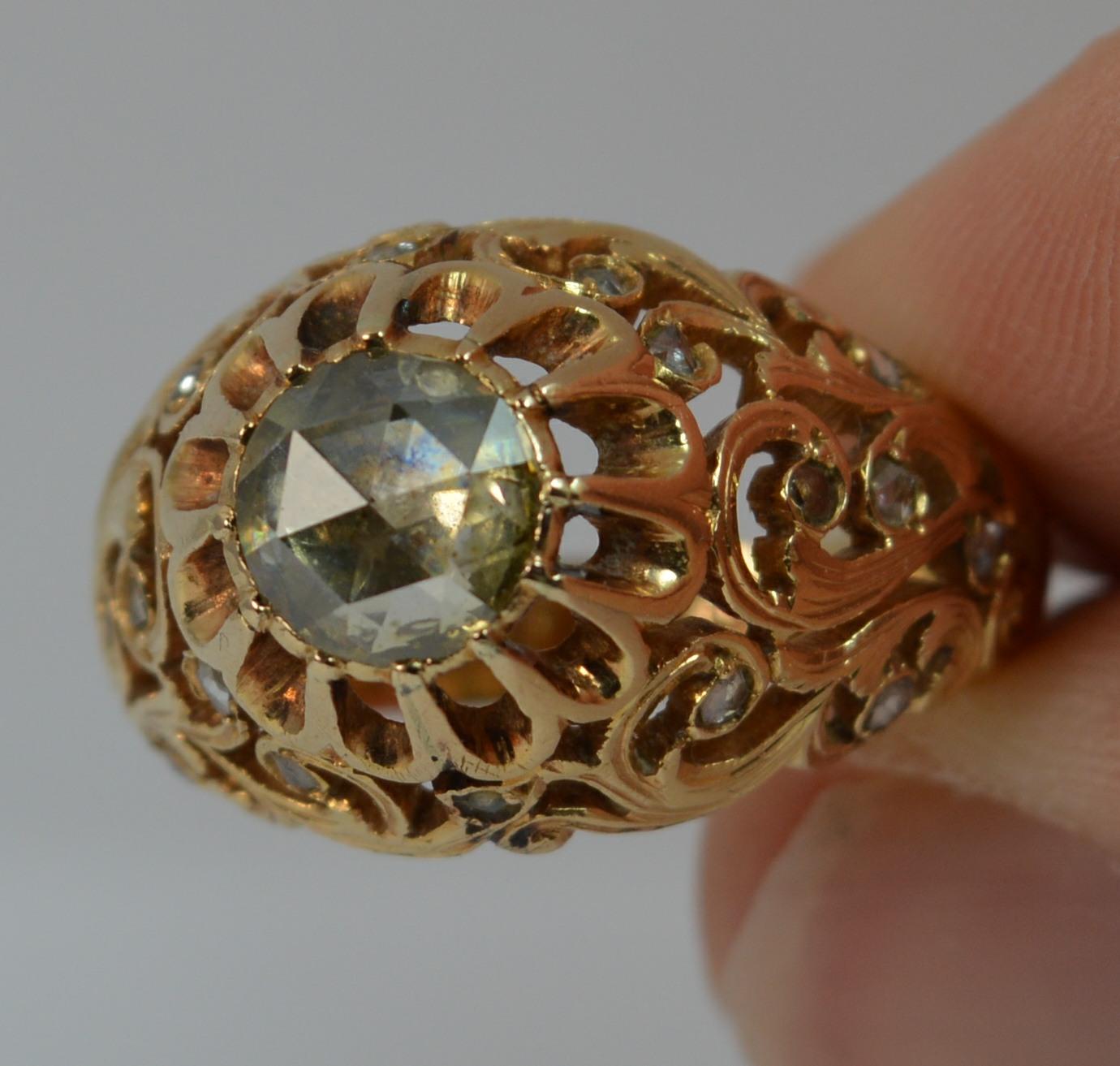 Antique 1 Carat Rose Cut Diamond and 18 Carat Rose Gold Pierced Floral Ring 6