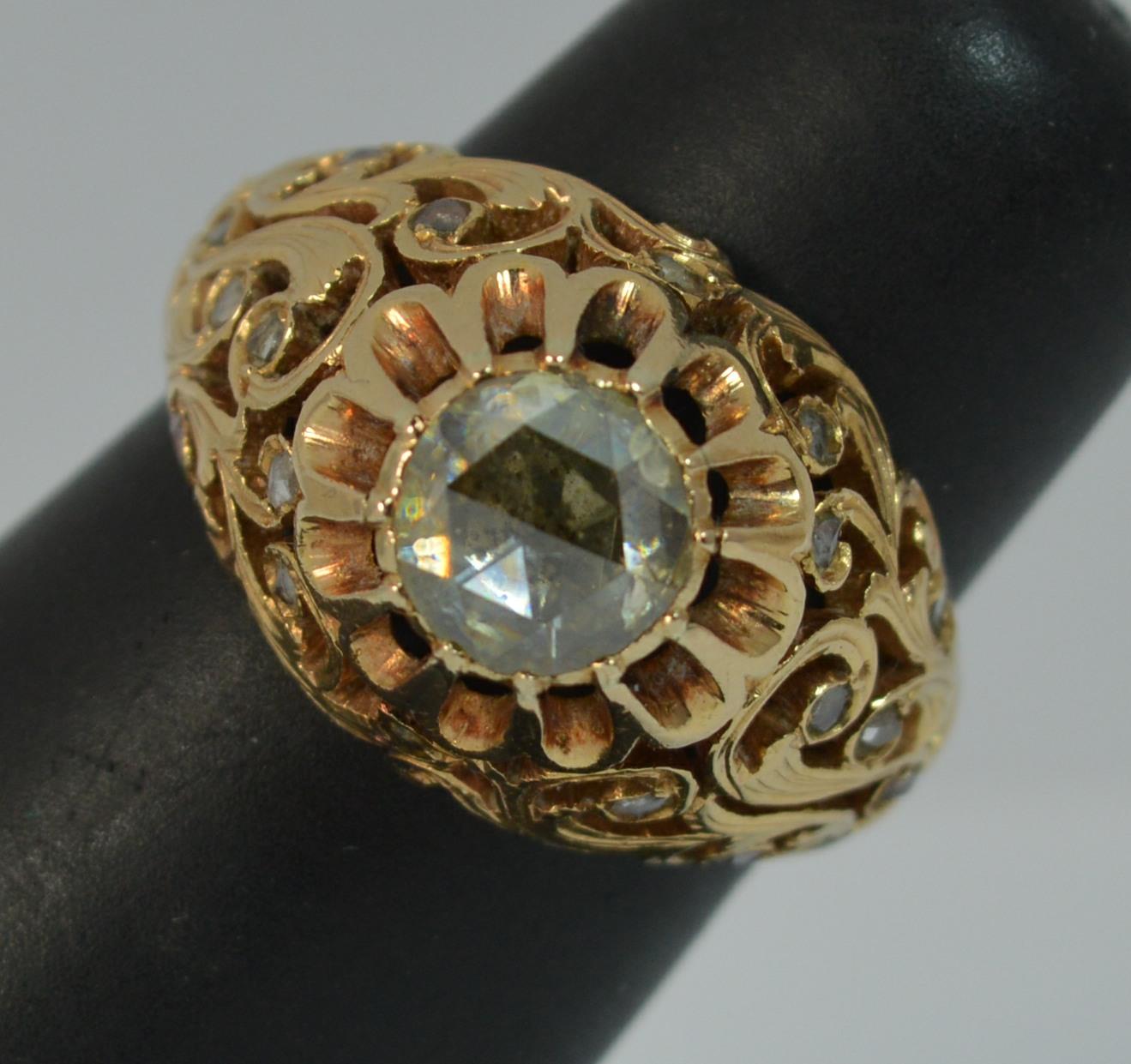 Antique 1 Carat Rose Cut Diamond and 18 Carat Rose Gold Pierced Floral Ring 8