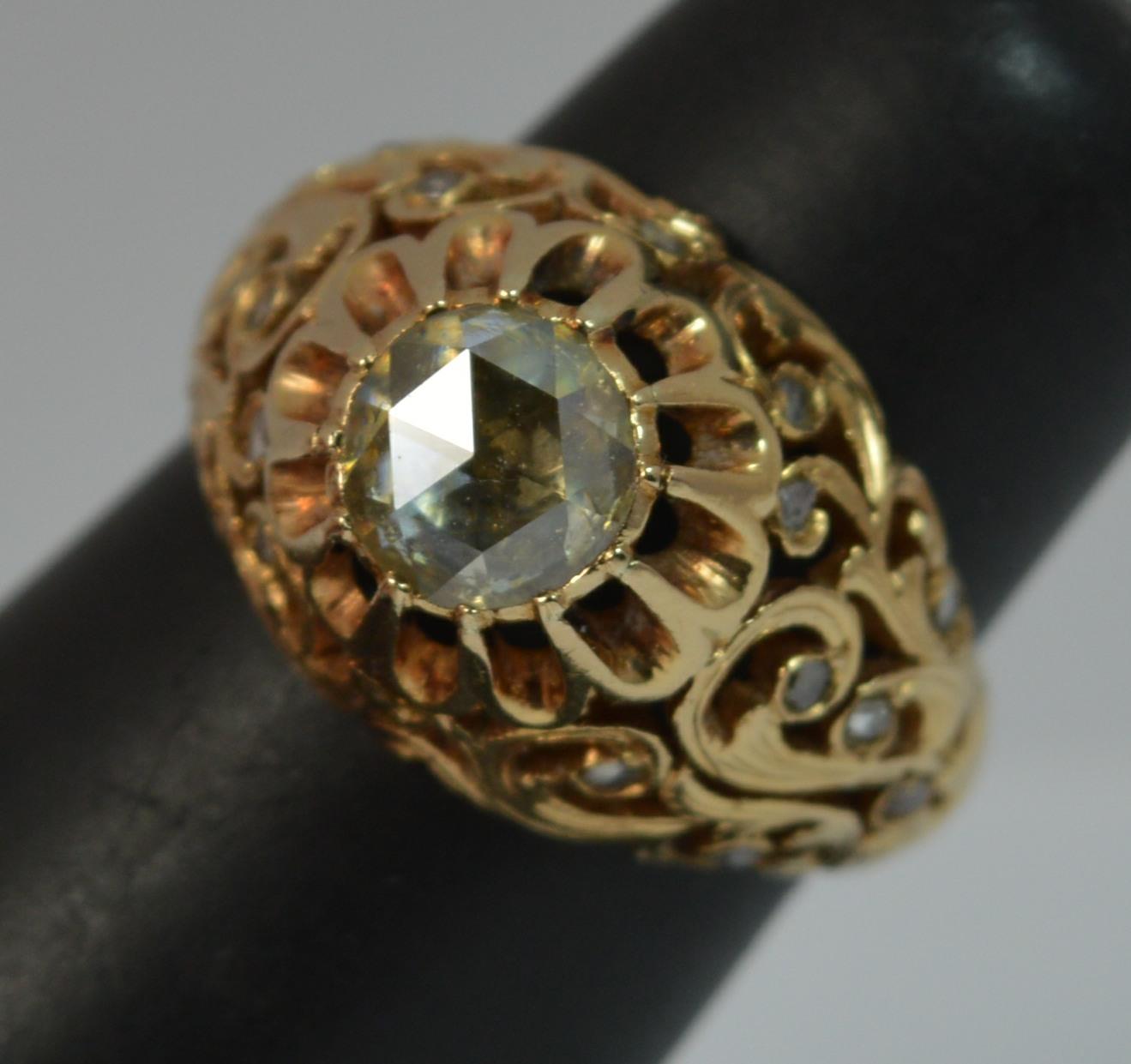 Antique 1 Carat Rose Cut Diamond and 18 Carat Rose Gold Pierced Floral Ring 9
