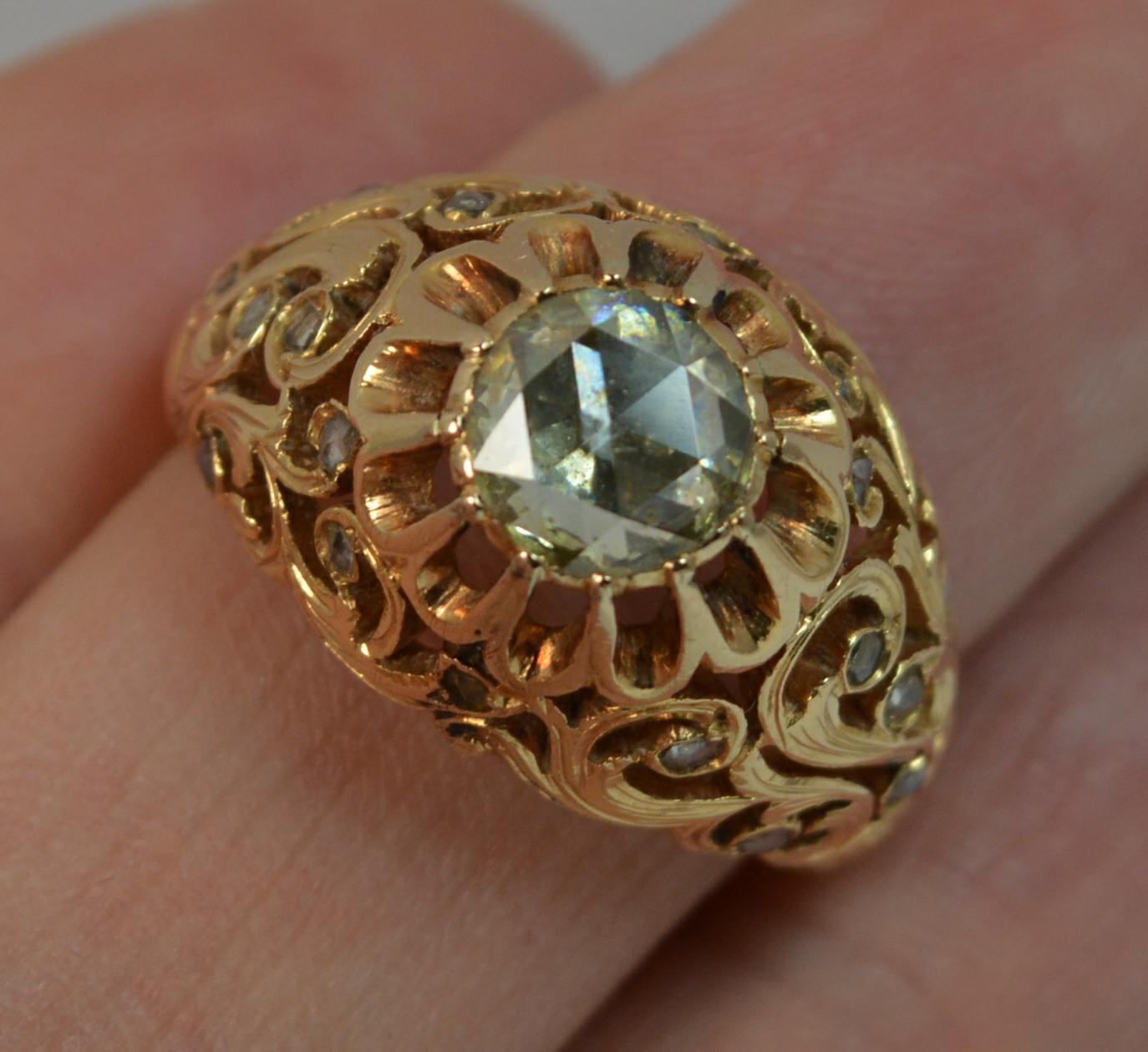 Women's Antique 1 Carat Rose Cut Diamond and 18 Carat Rose Gold Pierced Floral Ring