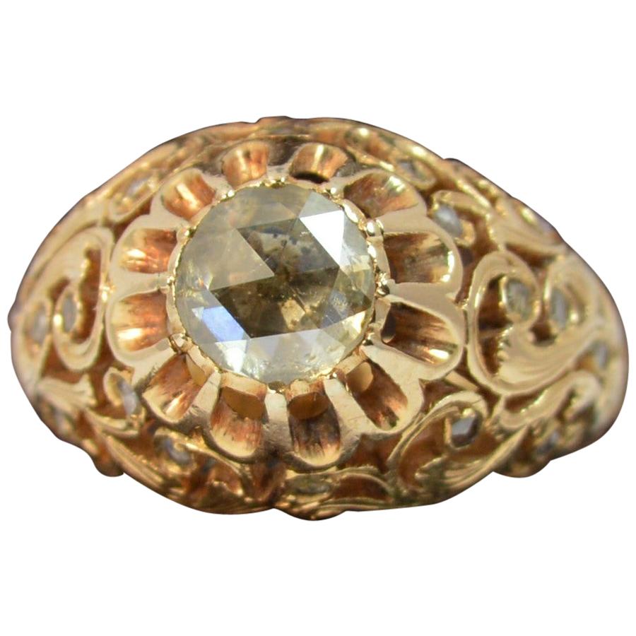 Antique 1 Carat Rose Cut Diamond and 18 Carat Rose Gold Pierced Floral Ring
