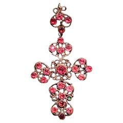Antique 1st Half 19th Century French Normandy Cross Pendant Pink Paste Iron