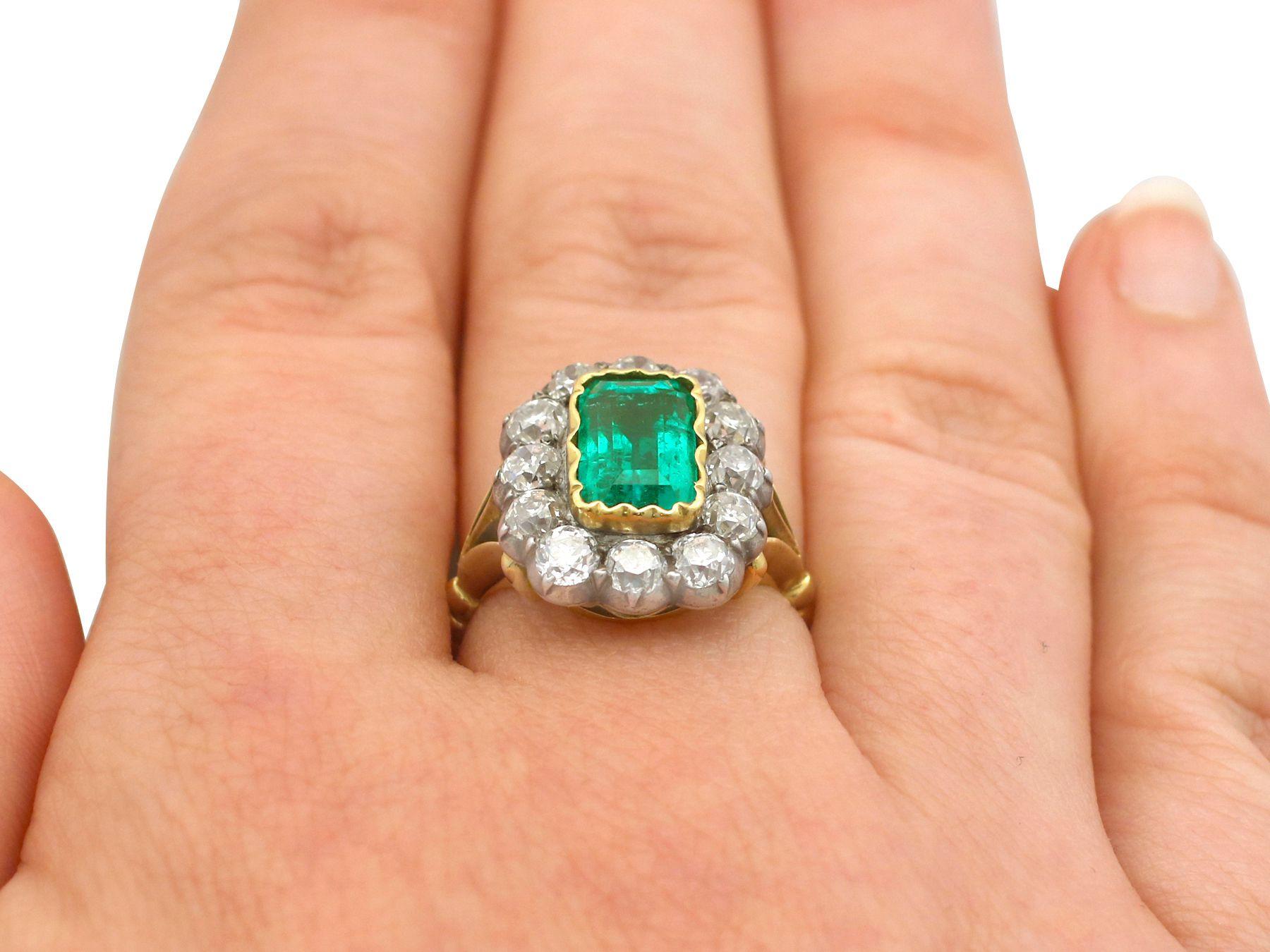 Women's Antique 2 Carat Colombian Emerald & 2.2 Carat Diamond Yellow Gold Cocktail Ring For Sale