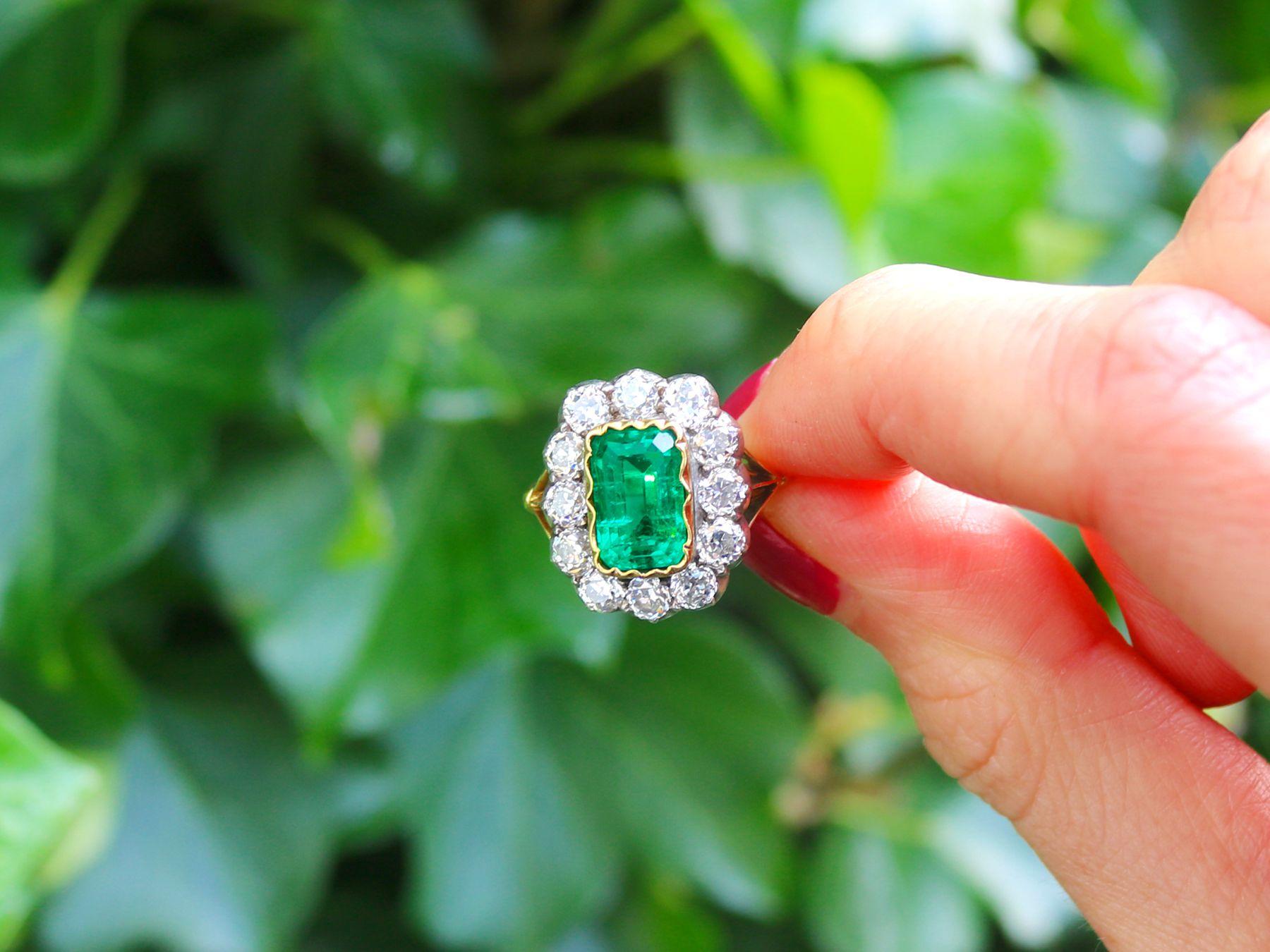 A stunning and impressive 2 carat Colombian emerald and 2.2 carat diamond, 18 karat yellow and white gold cocktail ring; part of our diverse gemstone jewelry collections

This stunning, fine and impressive antique Colombian emerald ring has been