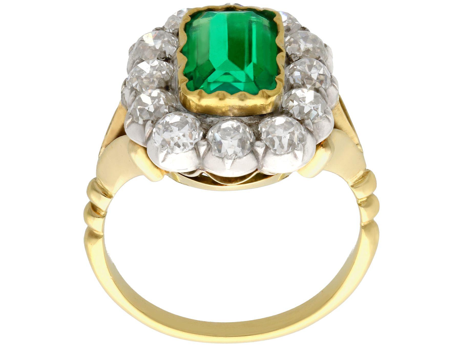 Victorian Antique 2 Carat Colombian Emerald & 2.2 Carat Diamond Yellow Gold Cocktail Ring For Sale