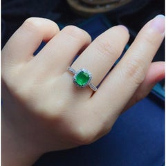 Antique 2 Carat Emerald Gold Ring, Halo Natural Emerald Engagement Ring for Her
