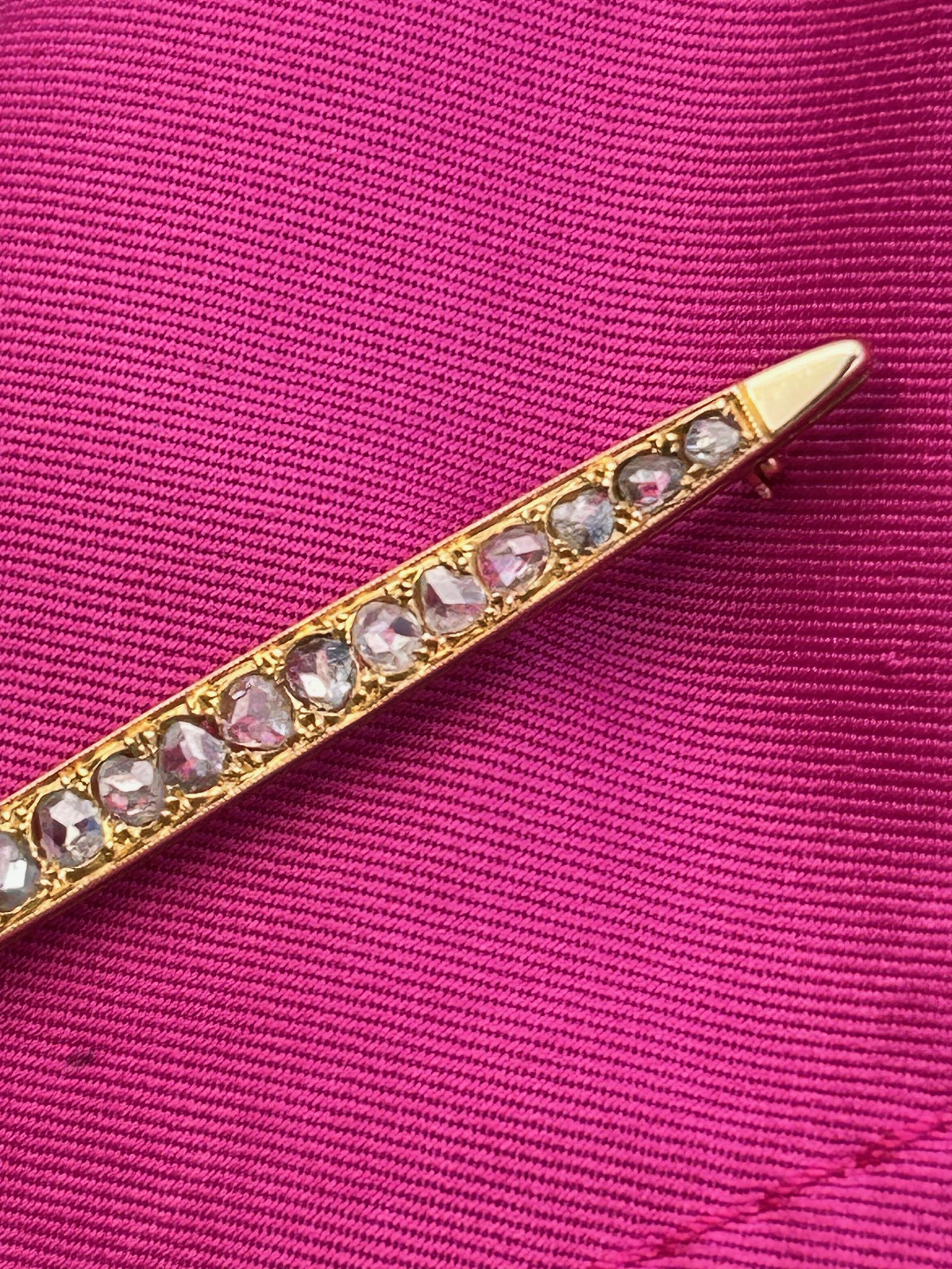 Antique 1.5 carat Rose Cut Diamond Bar Brooch 14K Yellow Gold For Sale 9