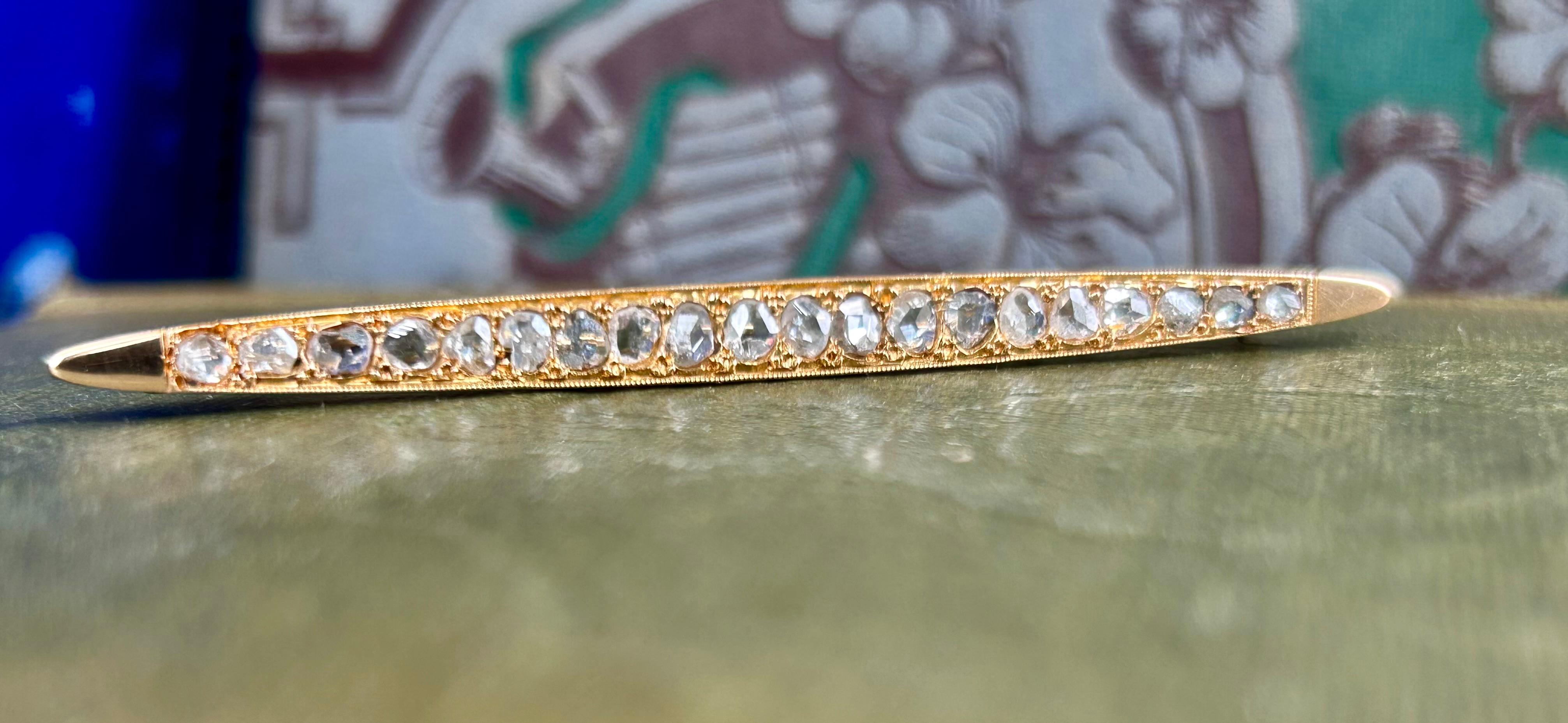Antique 1.5 carat Rose Cut Diamond Bar Brooch 14K Yellow Gold For Sale 2
