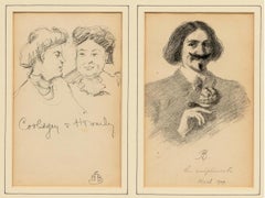 Antico 2 disegni di un artista di Boston, firmato, marzo 1909, D5