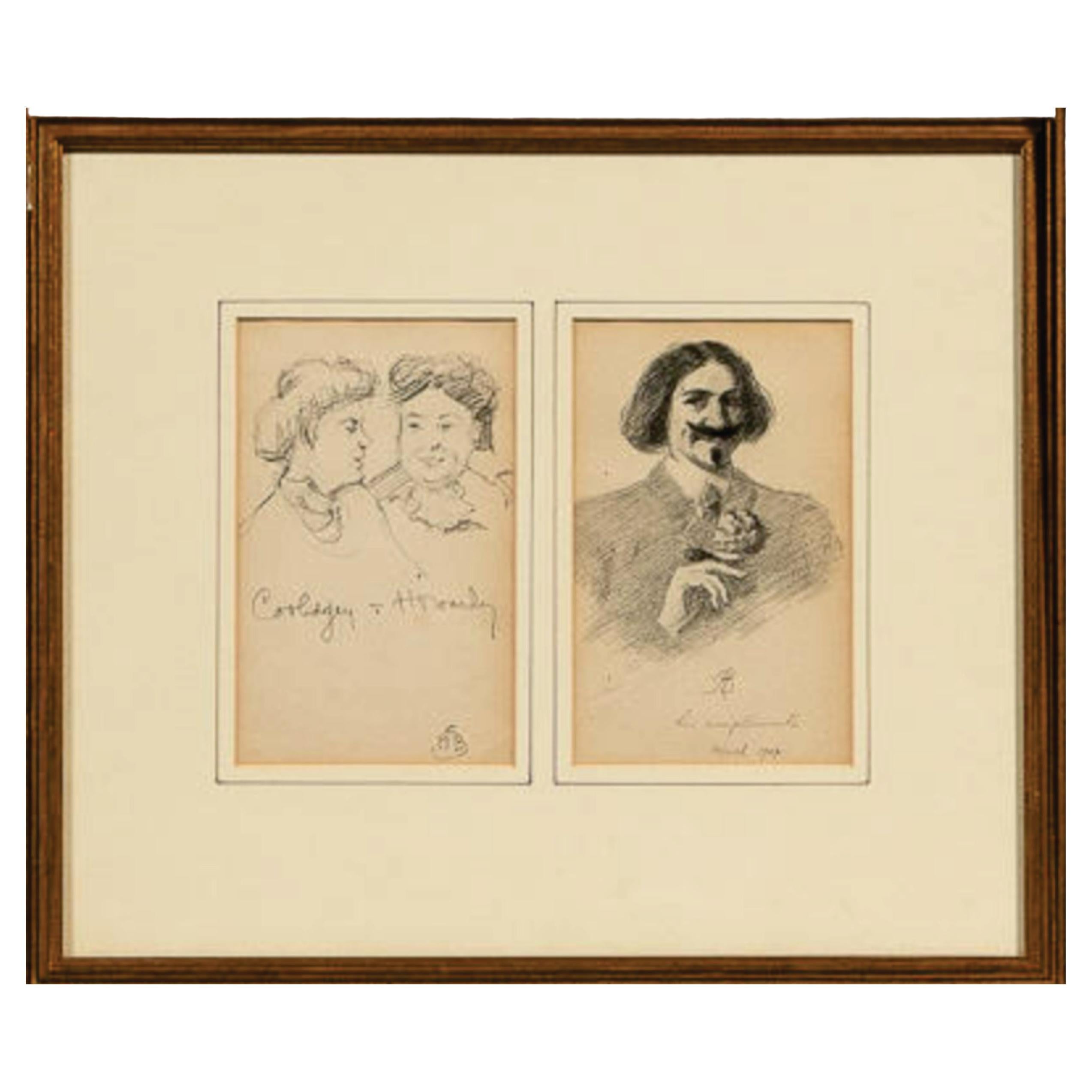 Antico 2 disegni di un artista di Boston, firmato, marzo 1909, D5