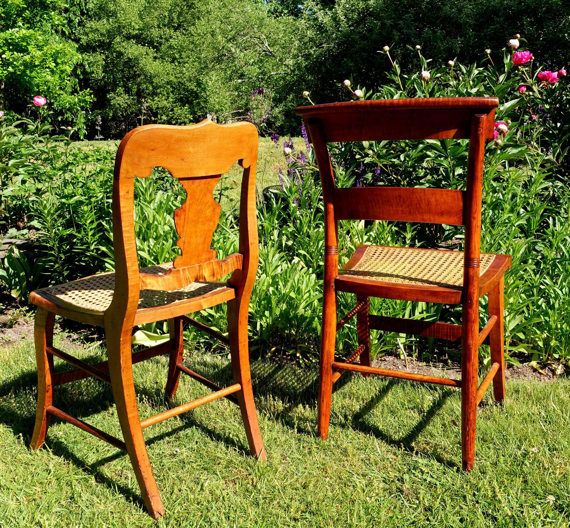 Antique 2 Federal Tiger Maple & Bird's Eye Cane Seat Dinning Charis For Sale 3