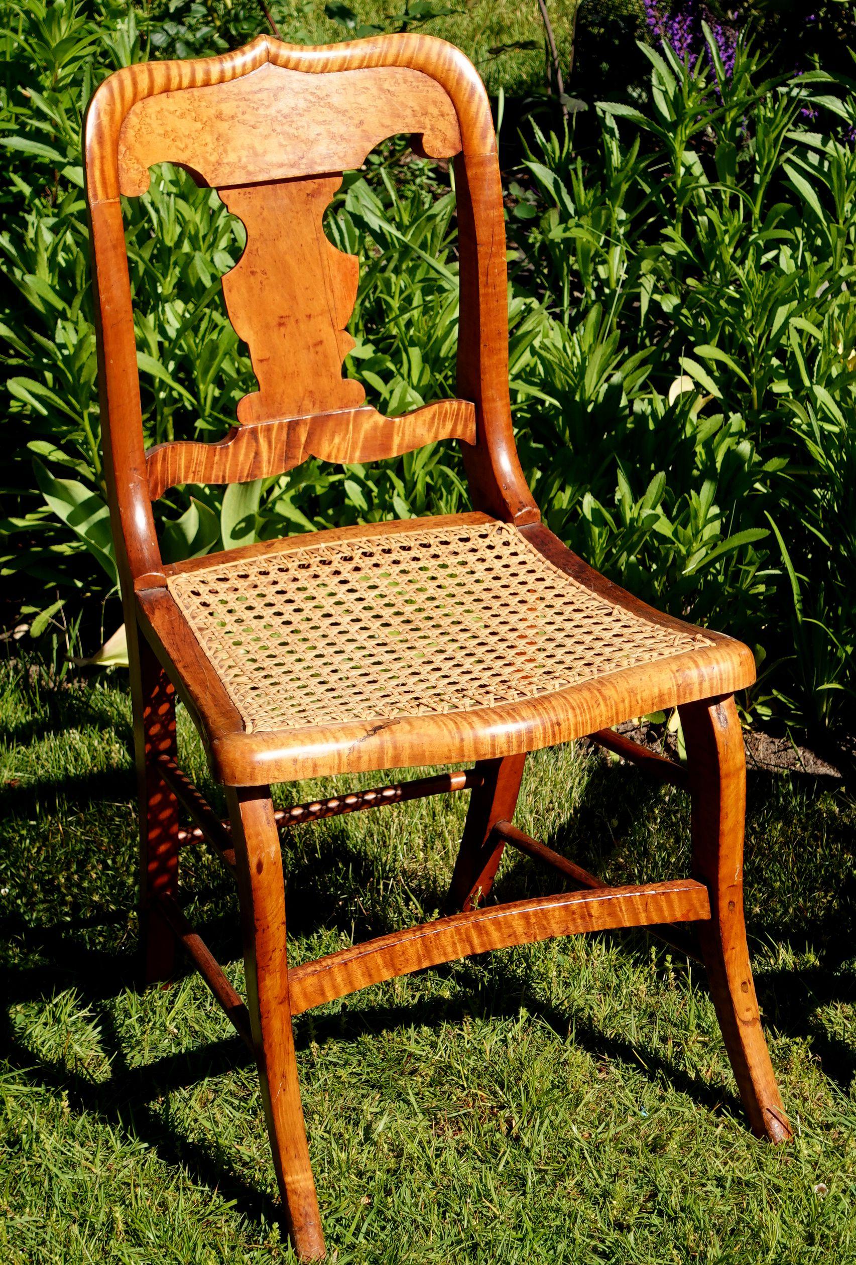 American Antique 2 Federal Tiger Maple & Bird's Eye Cane Seat Dinning Charis For Sale