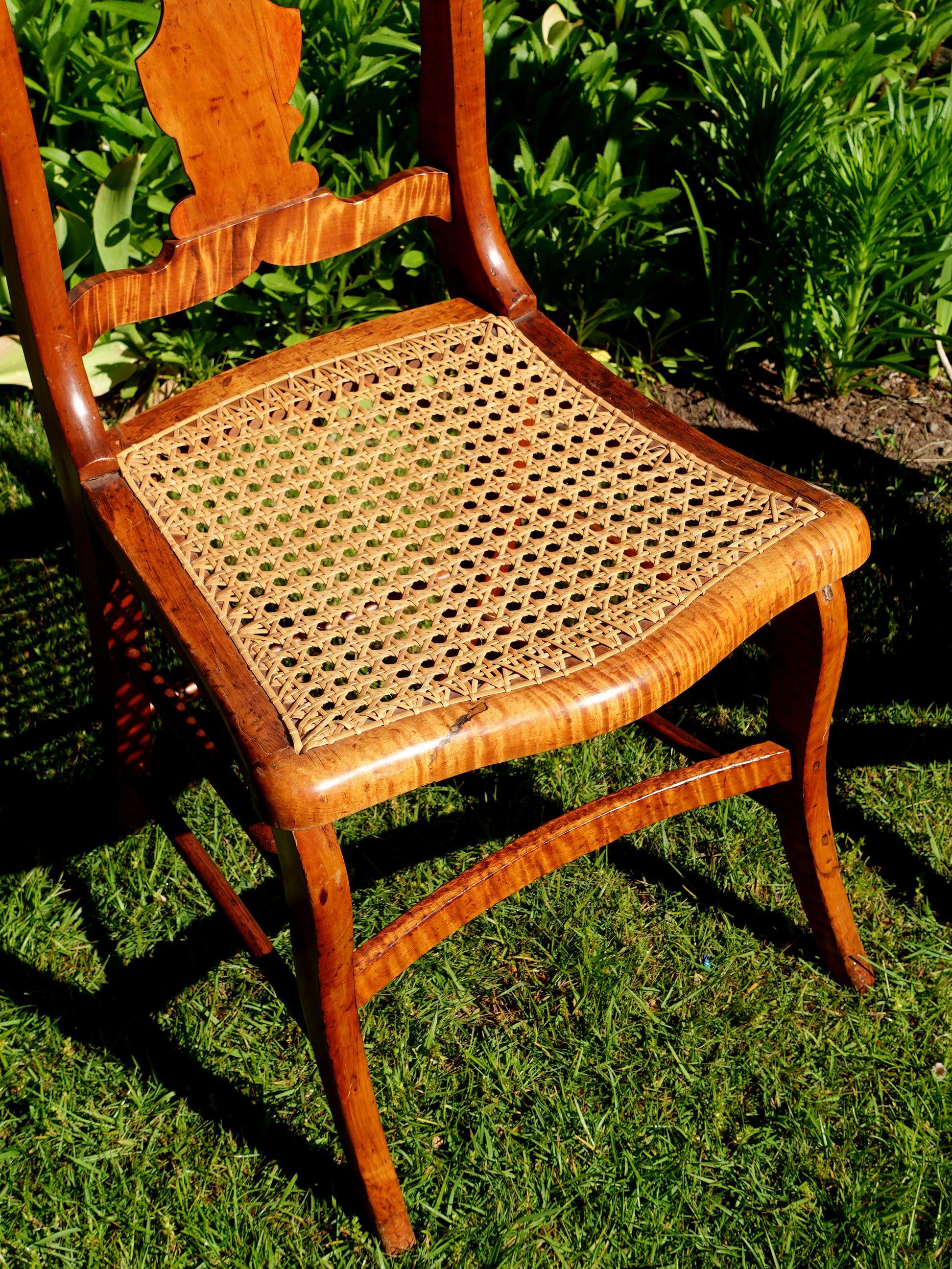 Antiguo 2 Federal Tiger Maple & Bird's Eye Cane Seat Comedor Charis Madera en venta