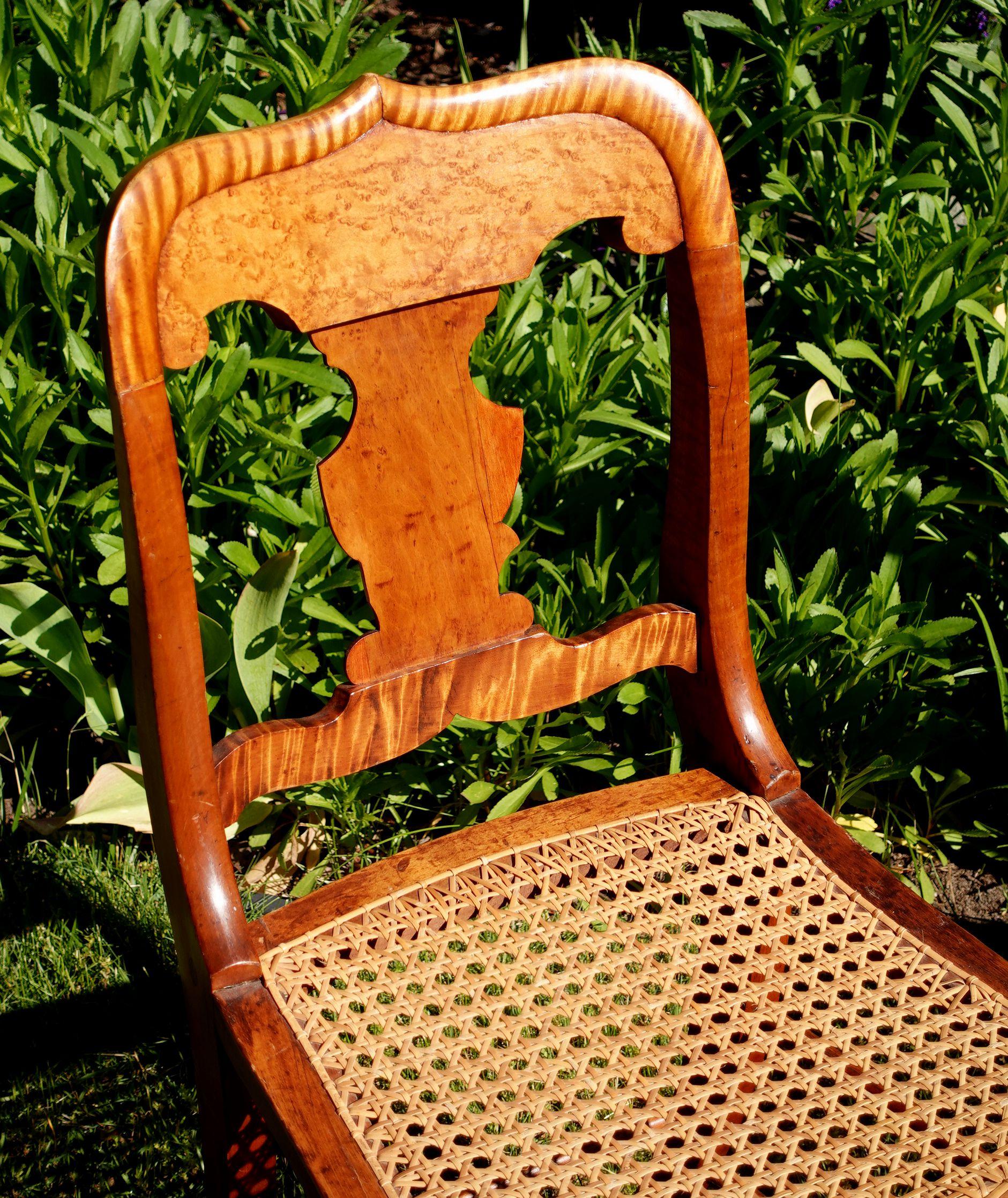 Wood Antique 2 Federal Tiger Maple & Bird's Eye Cane Seat Dinning Charis For Sale