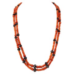 Antique 2-Row Red Coral Necklace with Garnets and 14 Karat Rose Gold Clasp