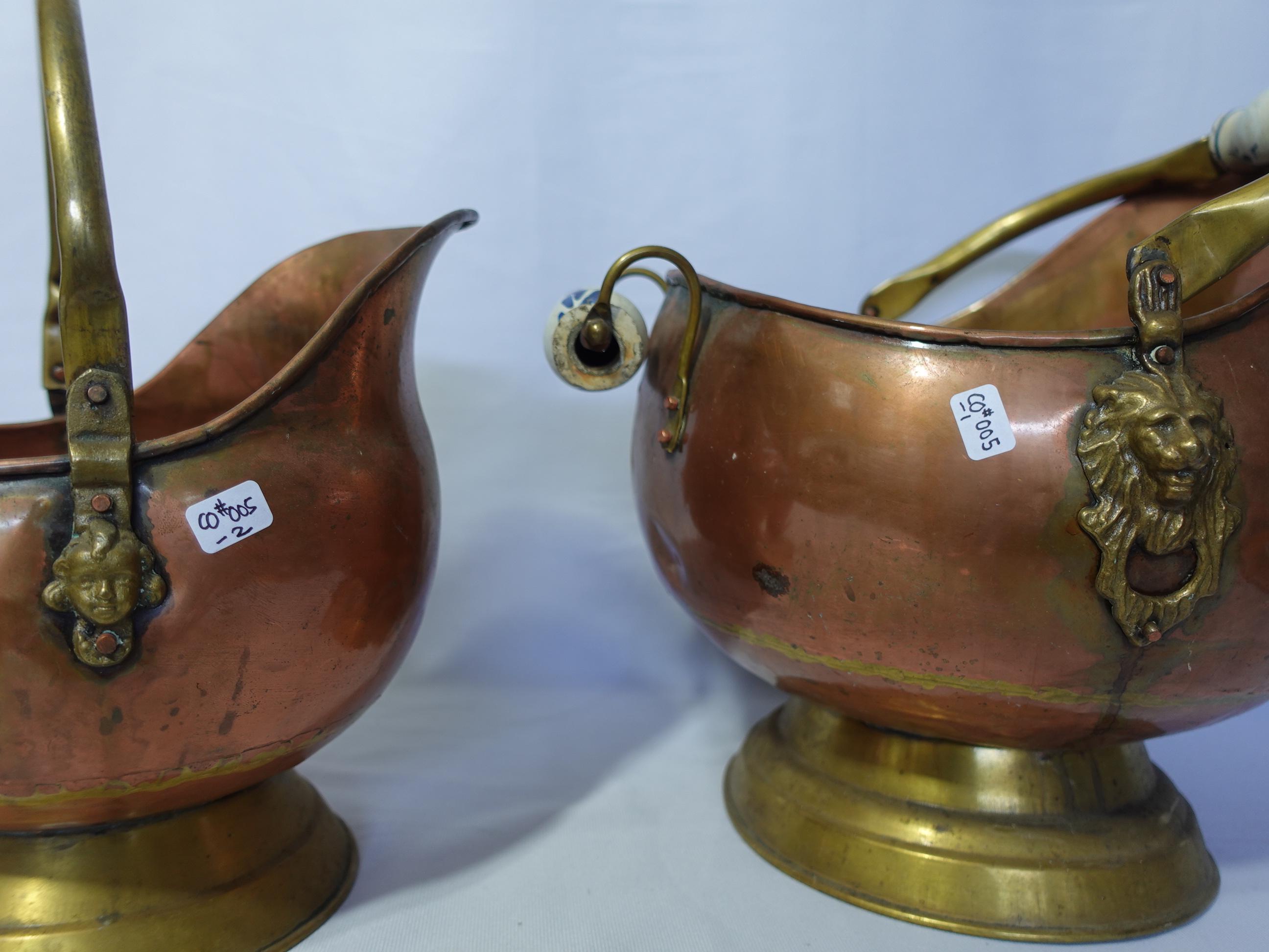 Antique 2 Solid Hand Hammered Copper & Brass Coal Scuttle with Lion Head Accents 6