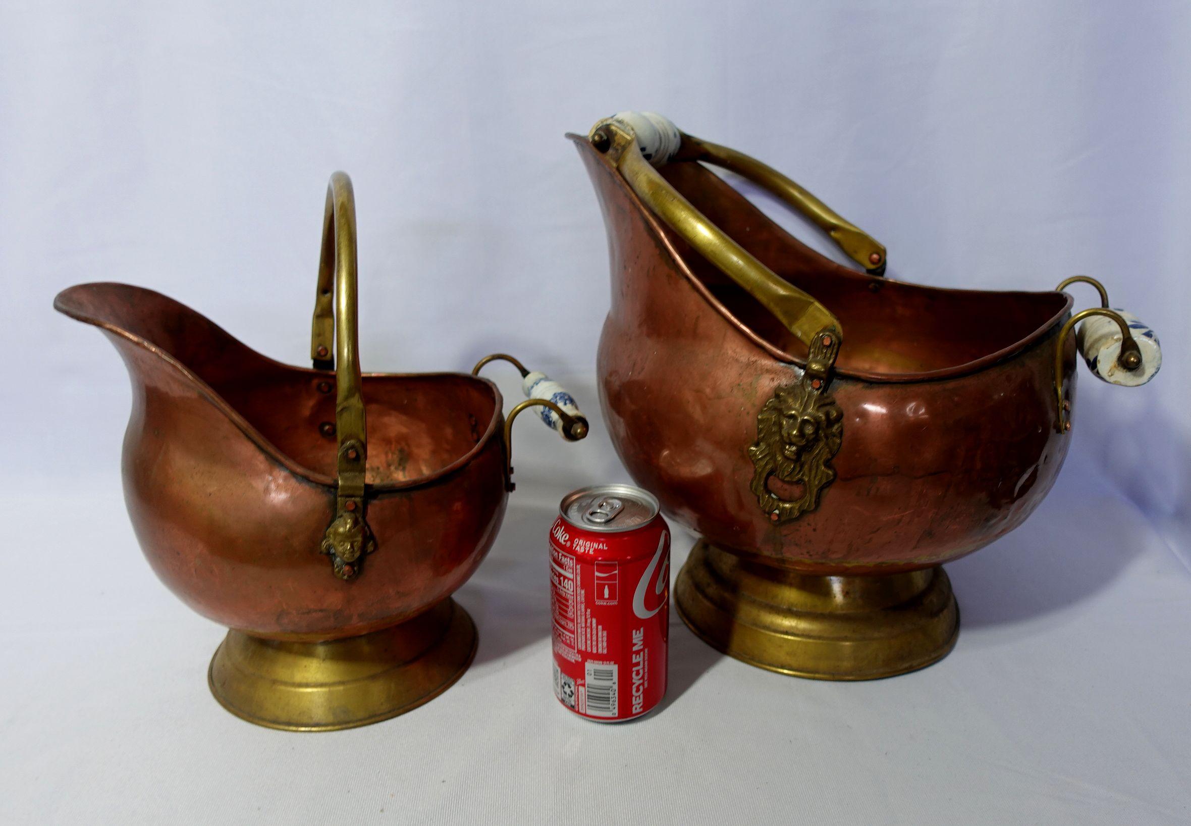 Antique 2 Solid Hand Hammered Copper & Brass Coal Scuttle with Lion Head Accents 10