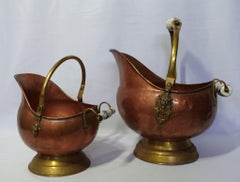 Antique 2 Solid Hand Hammered Copper & Brass Coal Scuttle with Lion Head Accents