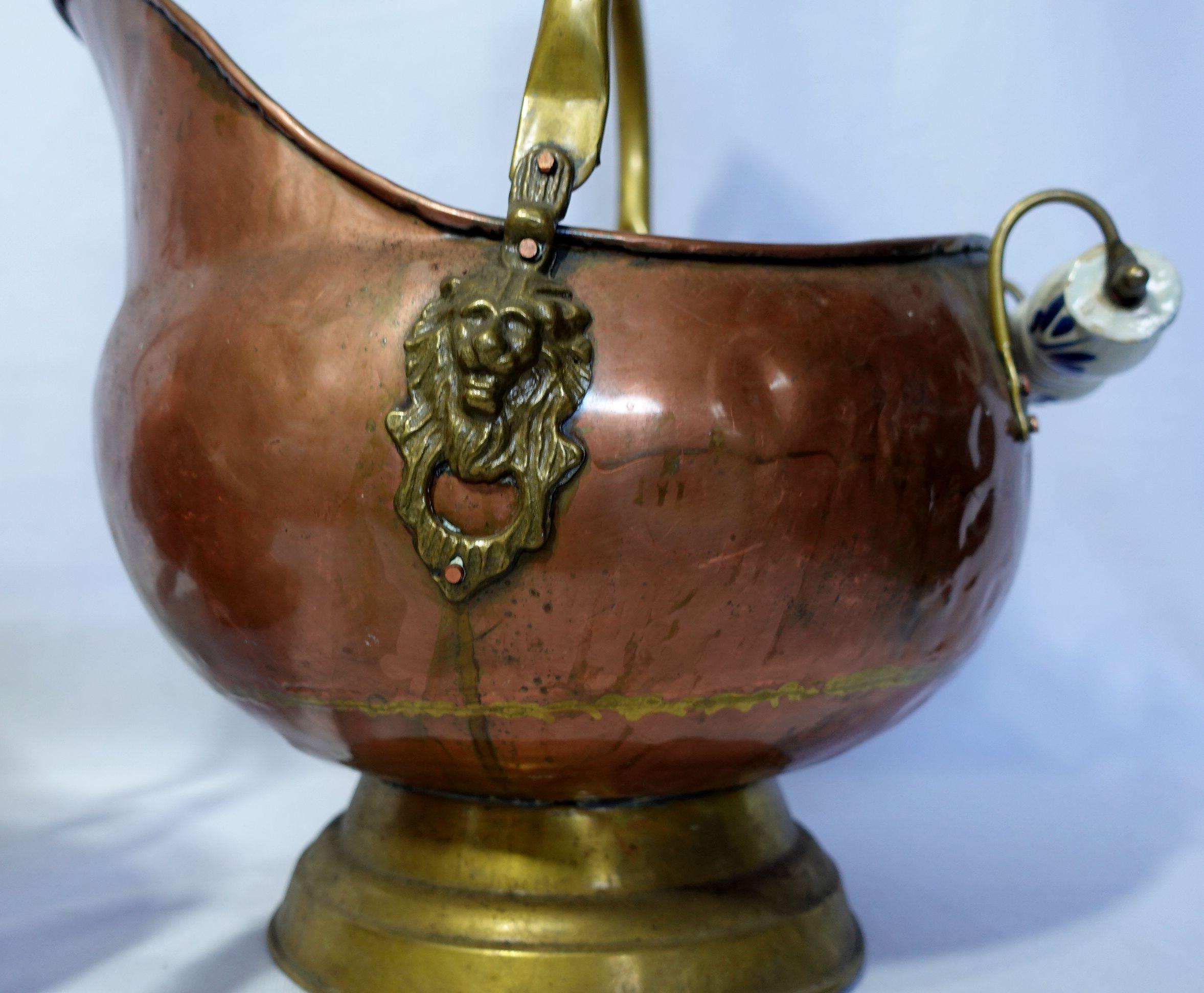 English Antique 2 Solid Hand Hammered Copper & Brass Coal Scuttle with Lion Head Accents