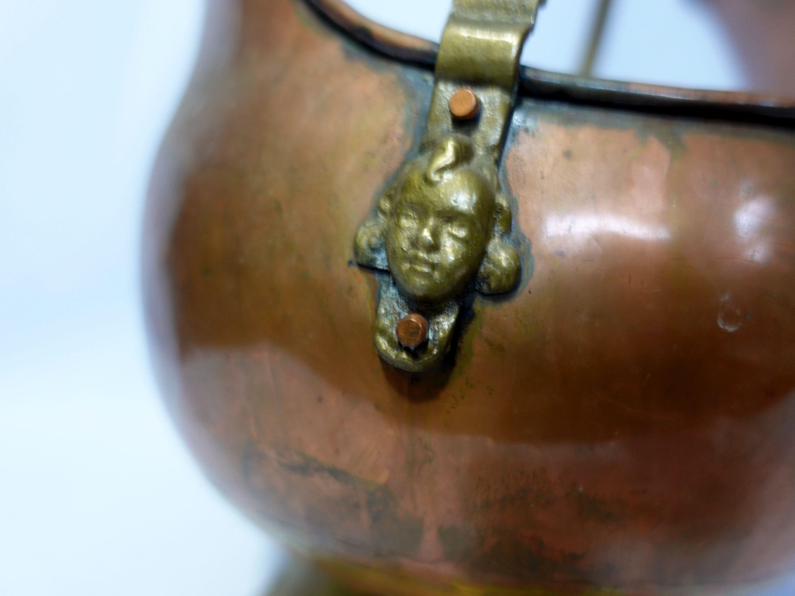 Hand-Crafted Antique 2 Solid Hand Hammered Copper & Brass Coal Scuttle with Lion Head Accents