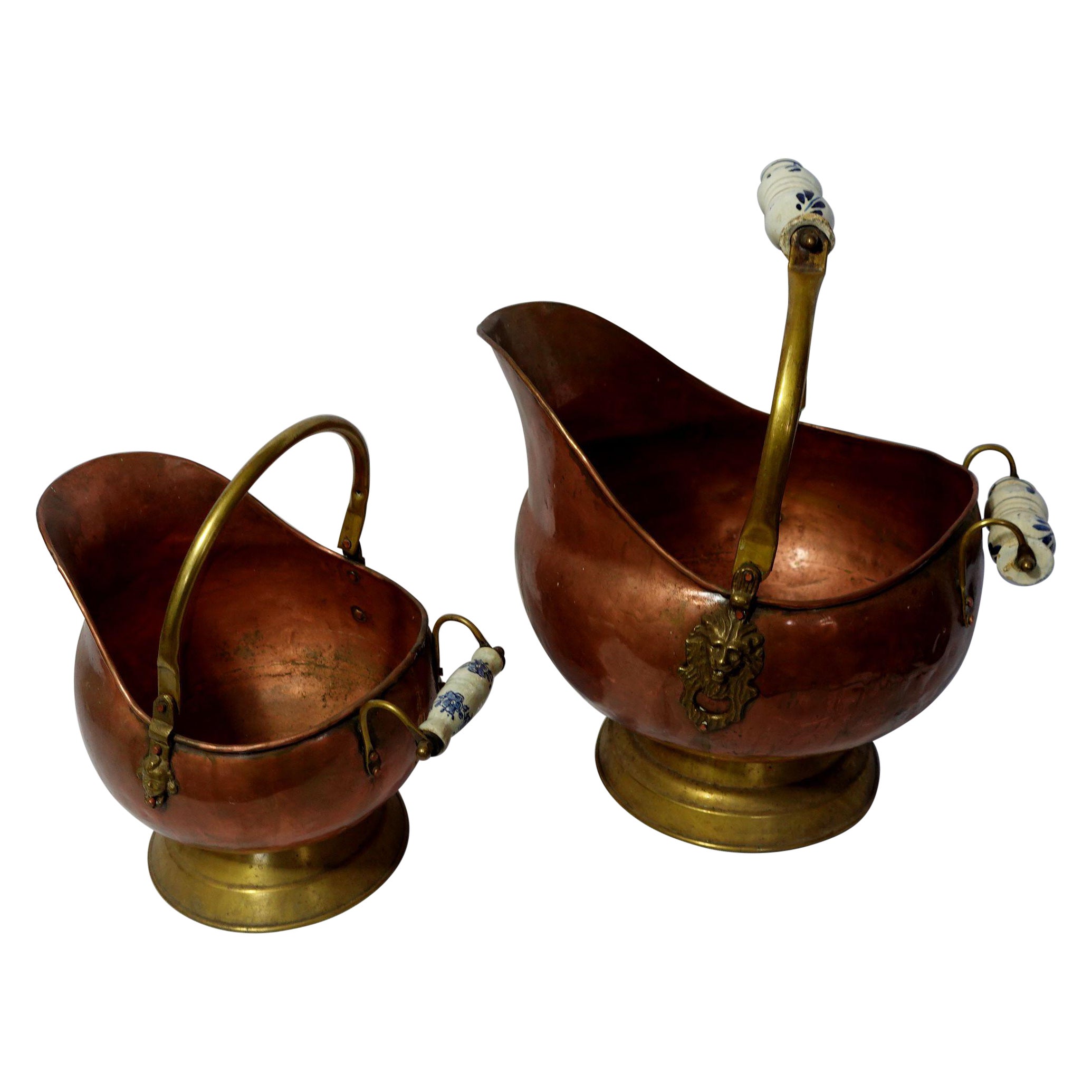 Antique 2 Solid Hand Hammered Copper & Brass Coal Scuttle with Lion Head Accents