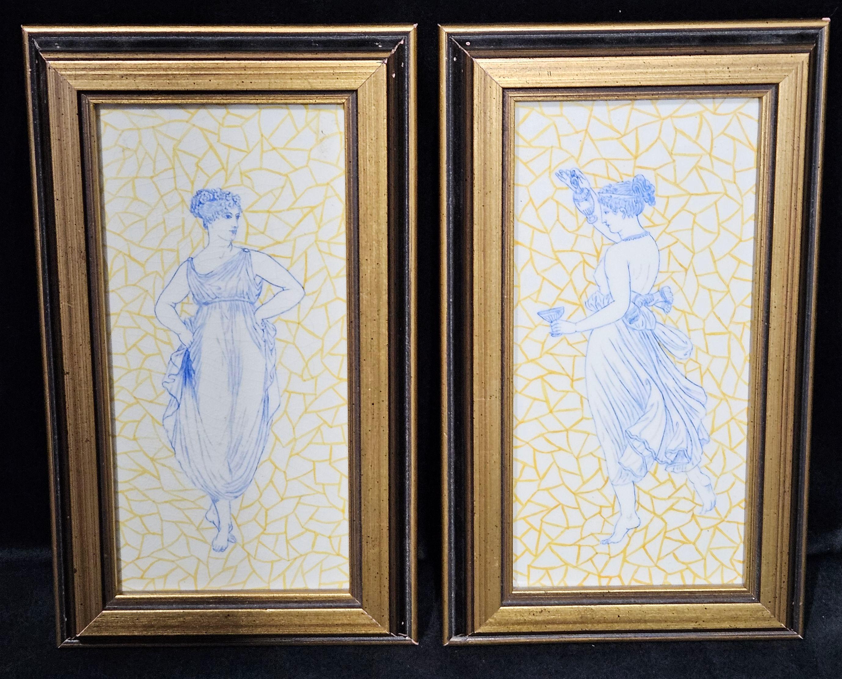 Hand-painted, Antique 2 tiles Women in Classical Dress, Mintons China Works, c. 1870, molded marker's mark, tiles 4