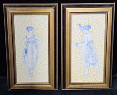 Antique 2 tiles Women in Classical Dress, Mintons China Works, c. 1870