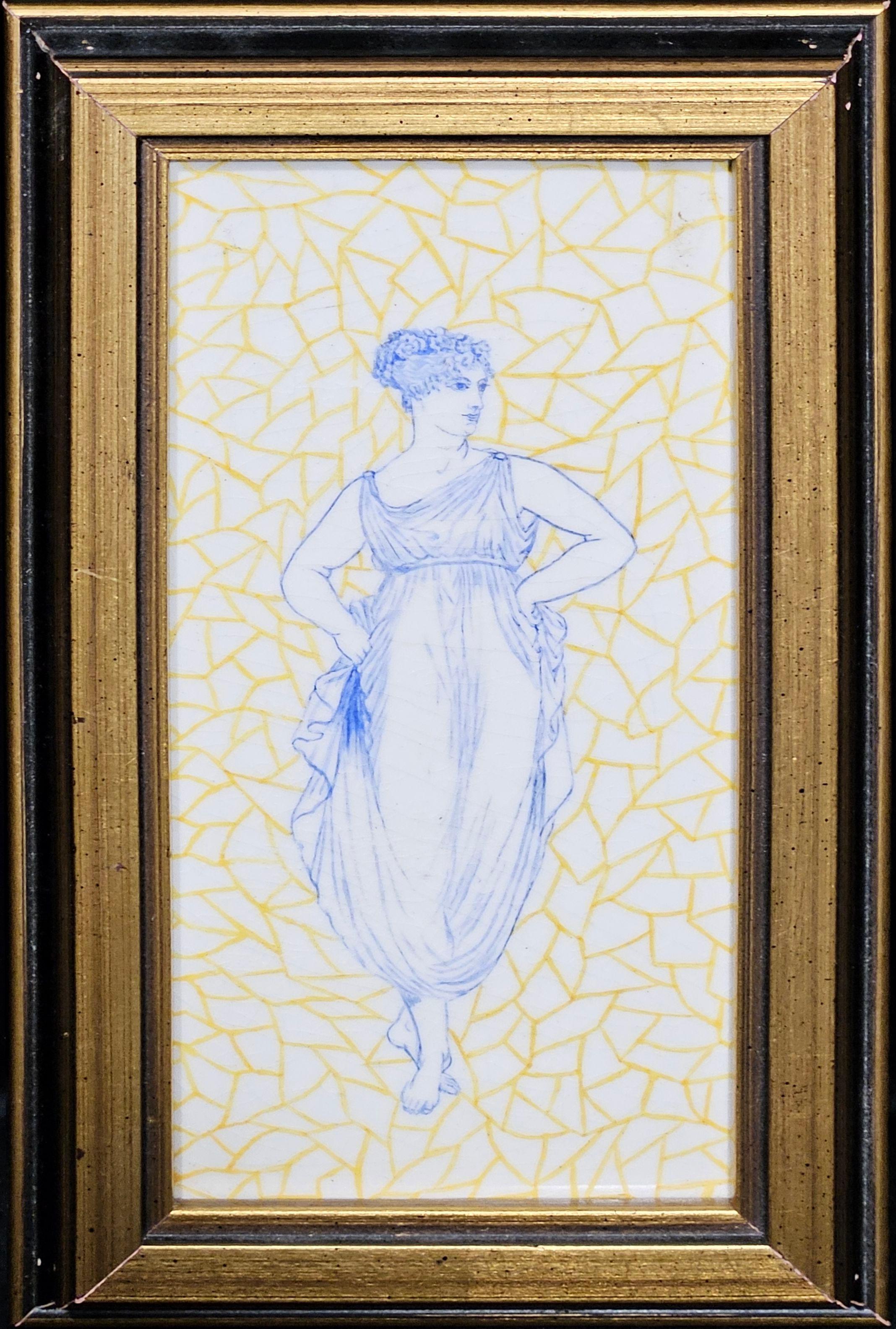 Hand-Painted Antique 2 tiles Women in Classical Dress, Mintons China Works, c. 1870 For Sale