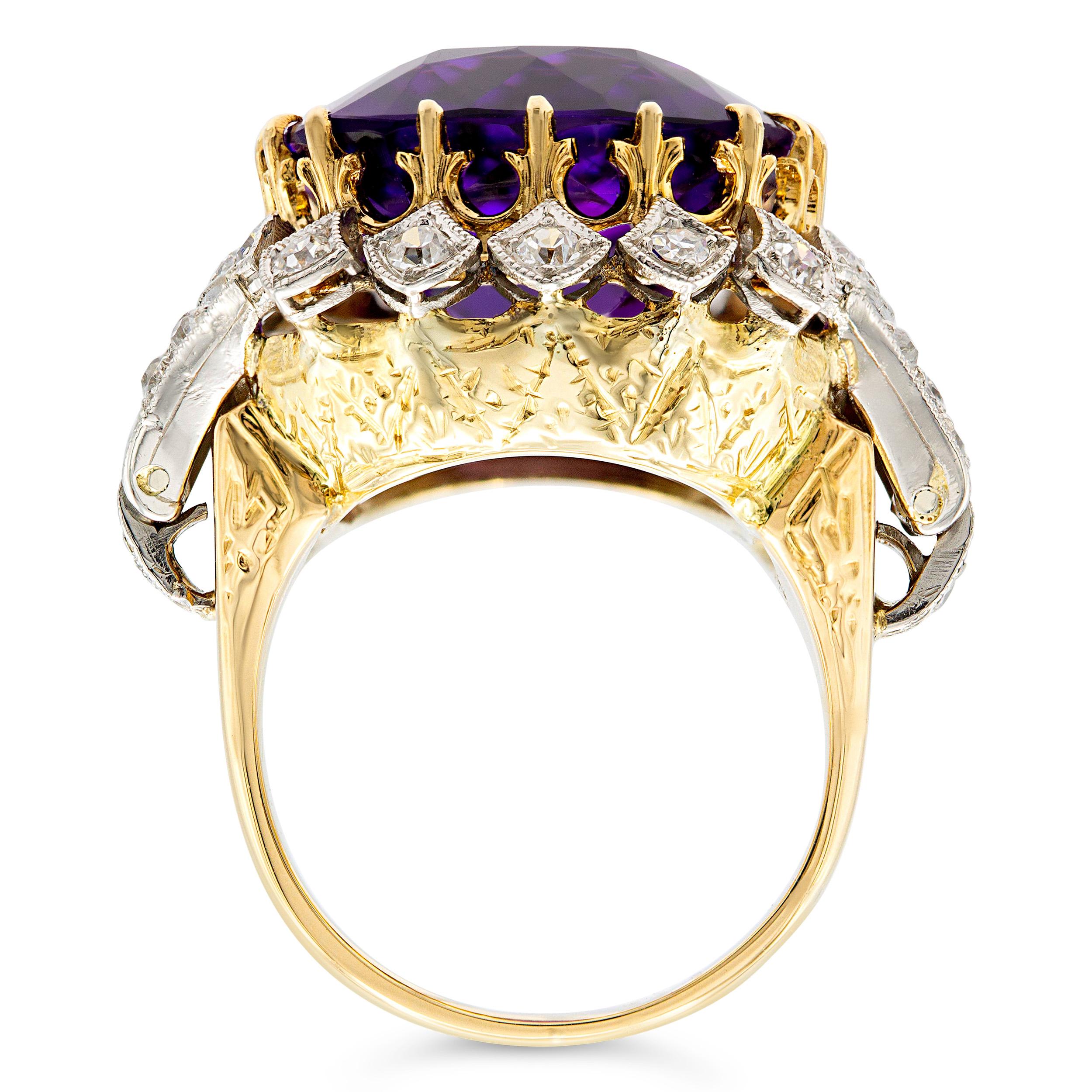 Antique 20 ct. Amethyst and Diamond Cocktail Ring In New Condition In New York, NY