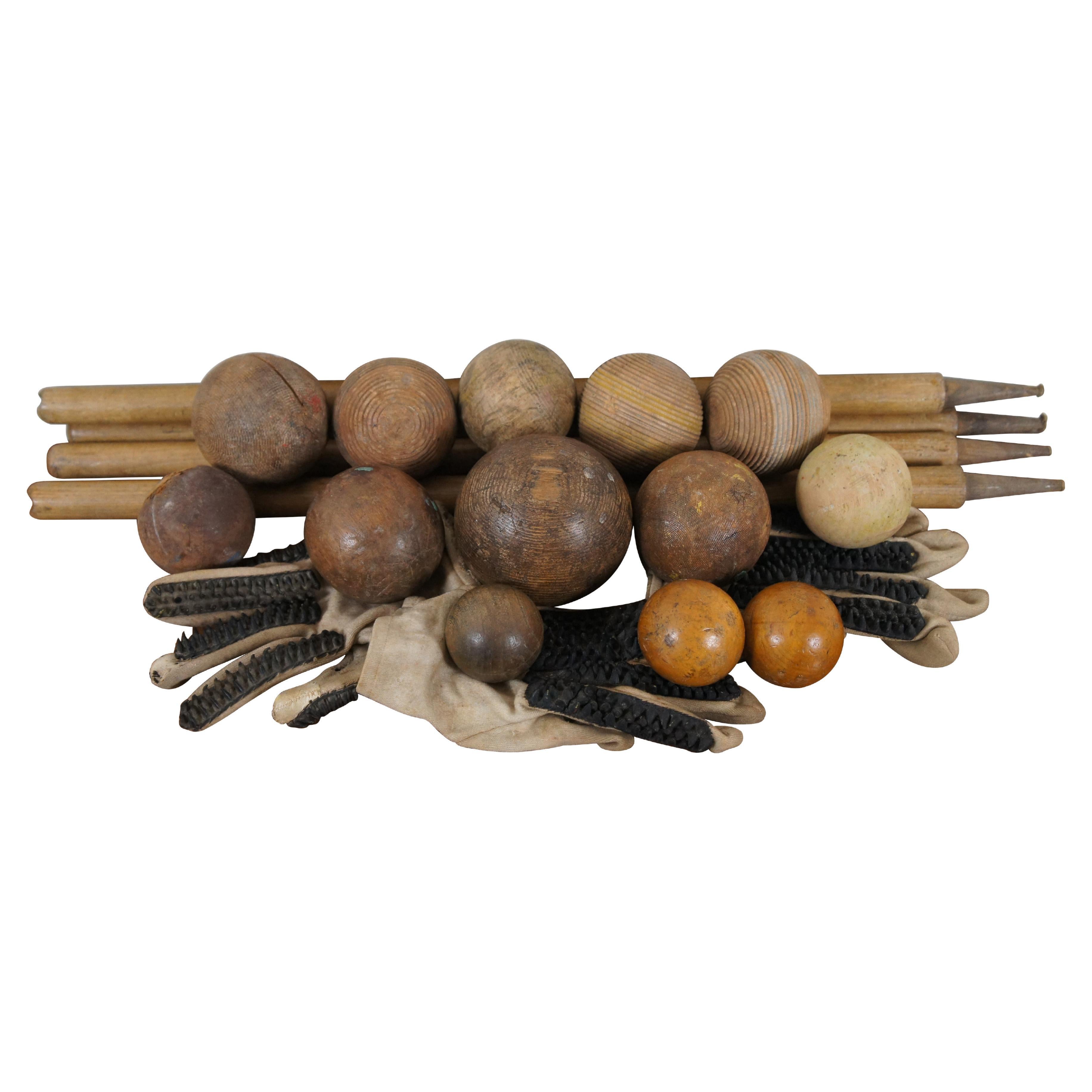 Antique 20 Pc Assorted Lot Cricket Stumps Gloves Wood Bocce Croquet Balls  For Sale