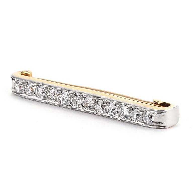 Round Cut Antique 2.00 CTTW Channel Set Diamond Pin In 18K Yellow Gold For Sale