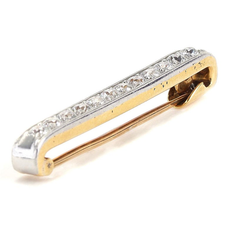 Antique 2.00 CTTW Channel Set Diamond Pin In 18K Yellow Gold In Good Condition For Sale In Chicago, IL