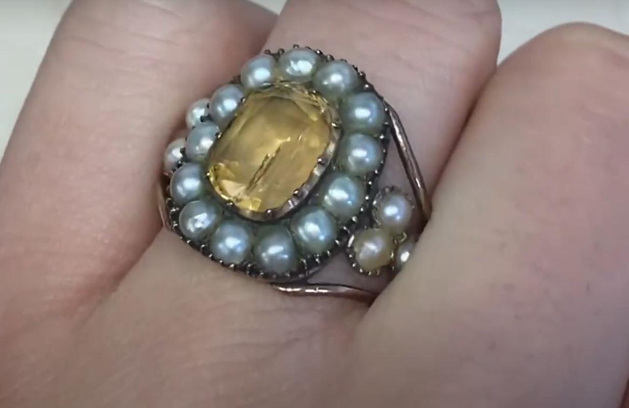 Antique 2.00ct Cushion Cut Citrine Cocktail Ring, Pearl Halo, Rose Gold 4