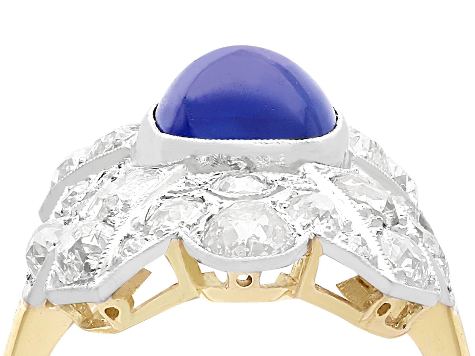 A stunning, fine, and impressive 2.02 carat sapphire and 2.78 carat diamond 14 karat yellow gold, platinum set cocktail ring; a part of our diverse collection of antique jewelry.

This stunning, fine, and impressive Art Deco antique sapphire and