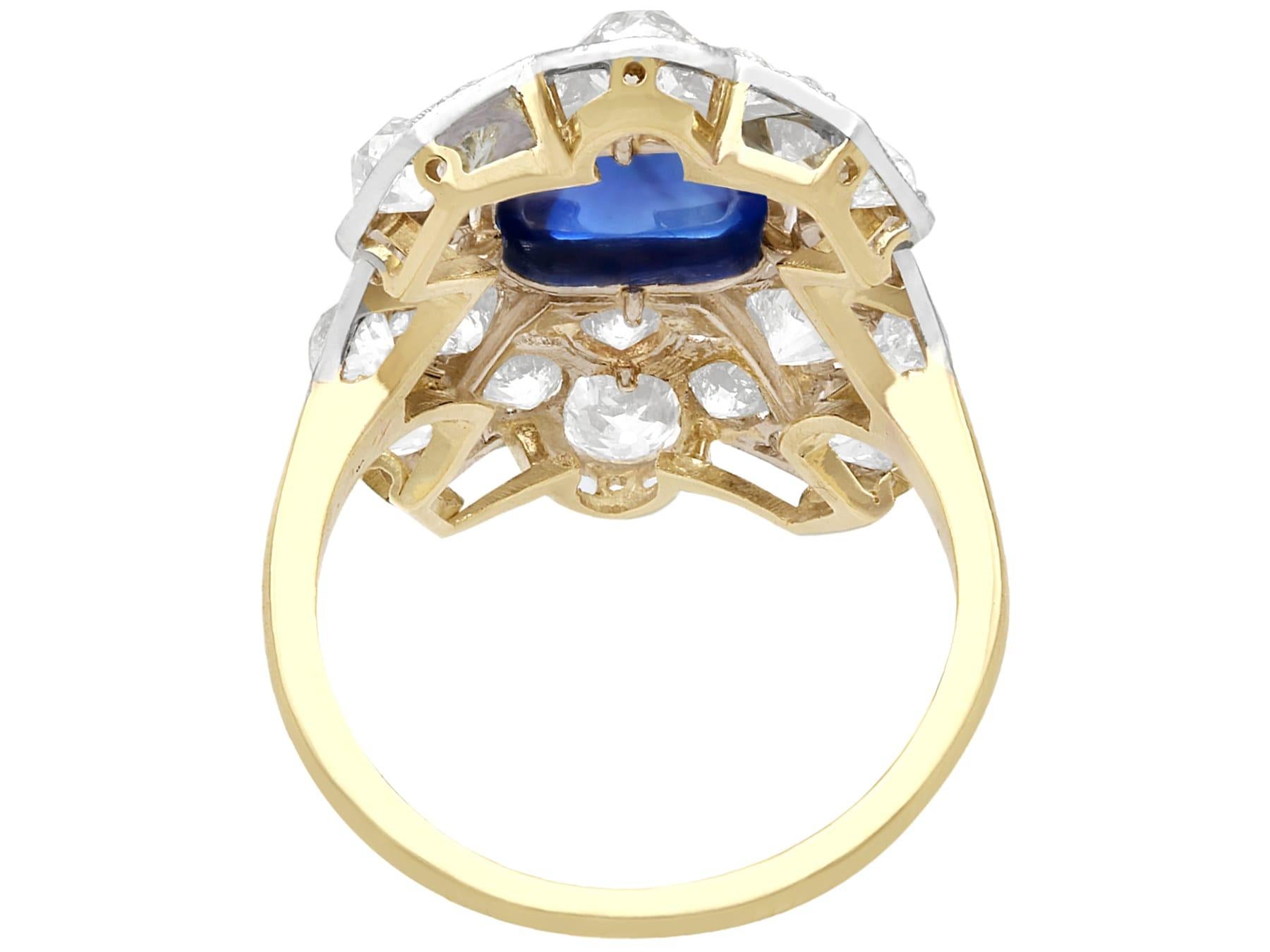 Old European Cut Antique 2.02 Carat Sapphire and 2.78 Carat Diamond Yellow Gold Cocktail Ring For Sale
