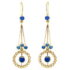 Antique 2.02 Carat Sapphire Seed Pearl Yellow Gold Drop Earrings, circa 1910