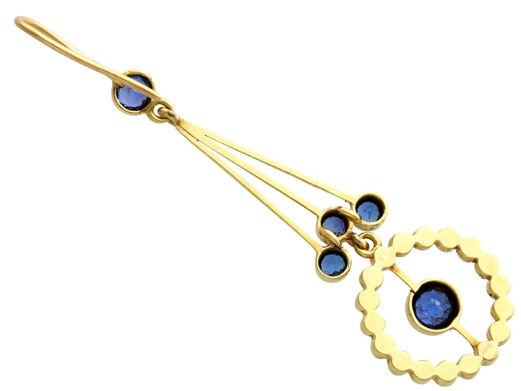 Round Cut Antique 2.02 Carat Sapphire Seed Pearl Yellow Gold Drop Earrings, circa 1910 For Sale