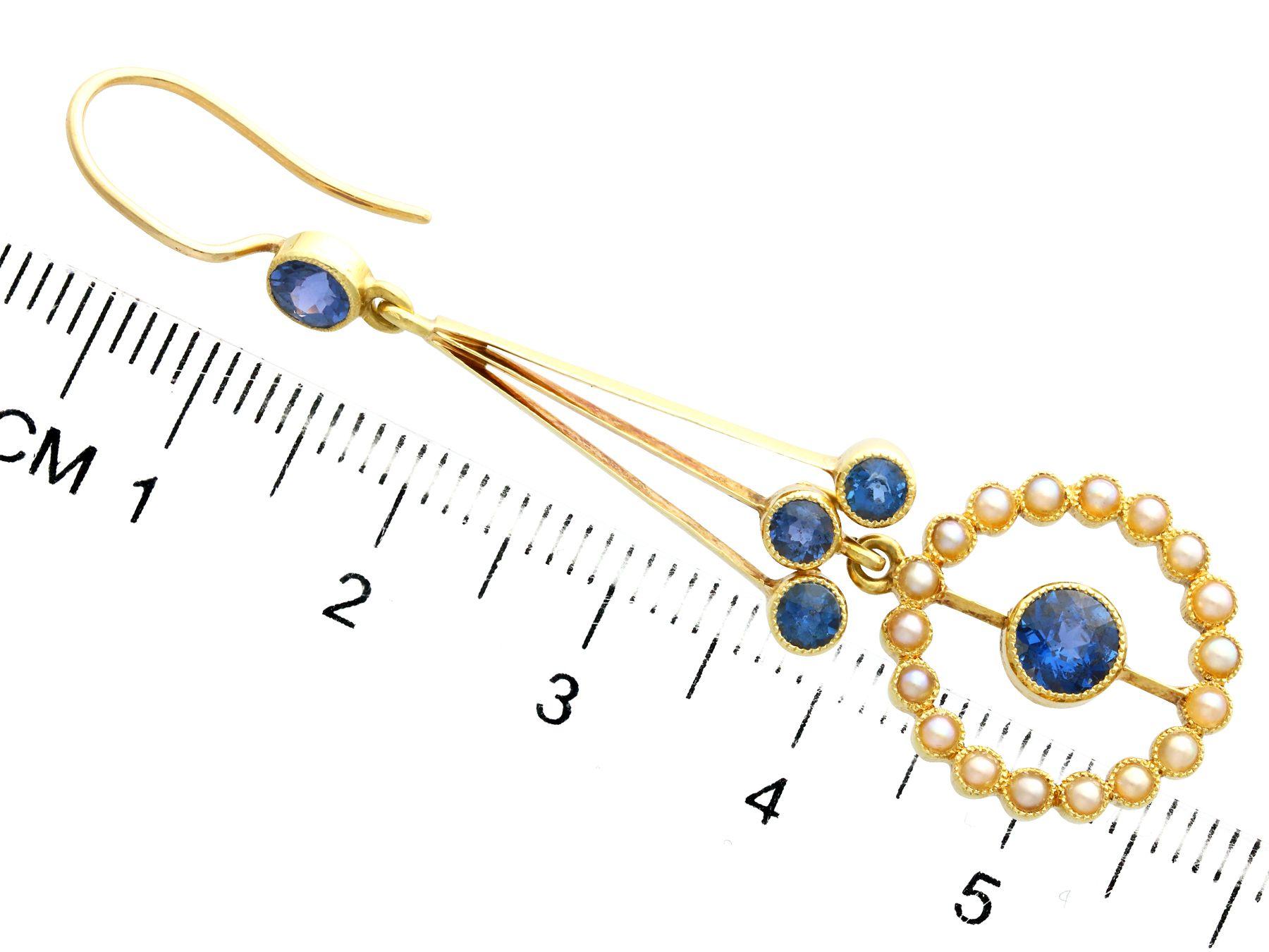 Antique 2.02 Carat Sapphire Seed Pearl Yellow Gold Drop Earrings, circa 1910 In Excellent Condition For Sale In Jesmond, Newcastle Upon Tyne