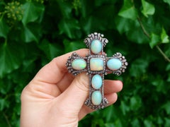 Antique 20.34 Carat Opal and 4.63 Carat Diamond Silver Gilt Cross Pendant Brooch